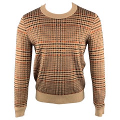 DRIES VAN NOTEN Size S Tan & Orange Plaid Wool Blend Crew-Neck Sweater