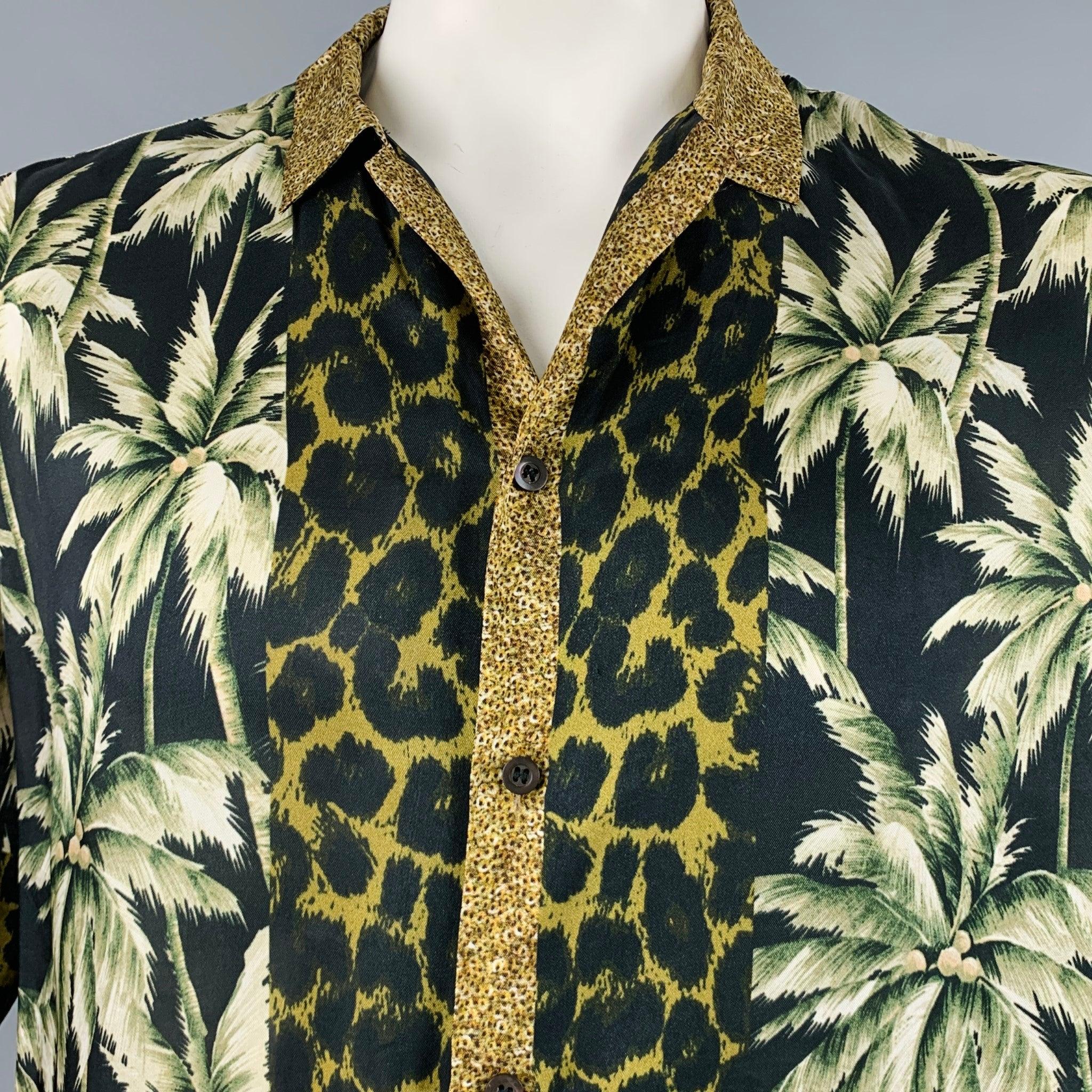 DRIES VAN NOTEN short sleeve shirt
in a black green and brown viscose fabric featuring mixed prints, a camp style, and button closure. Made in Hungary.Excellent Pre-Owned Condition. 

Marked:   54 

Measurements: 
 
Shoulder: 17 inches Chest: 46