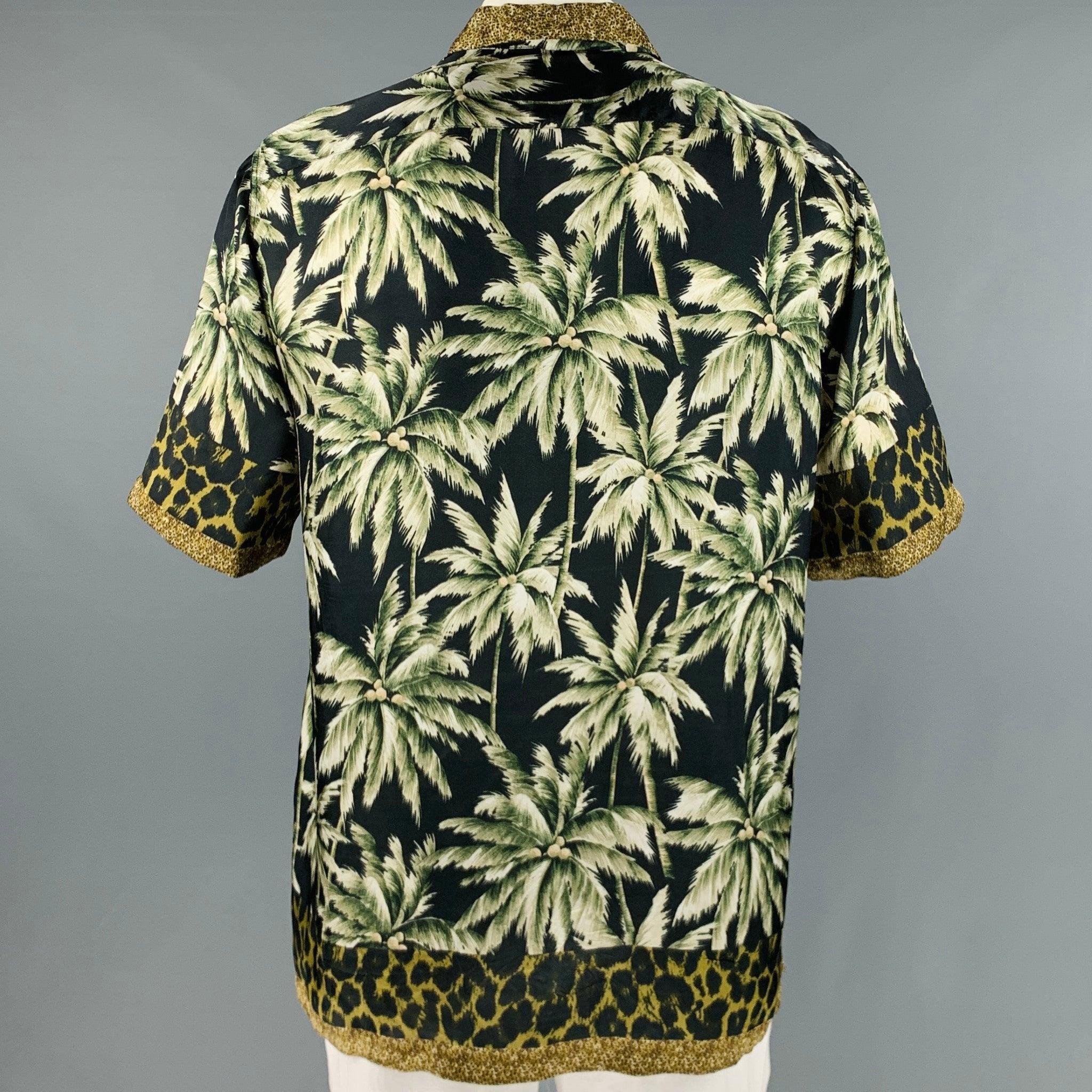 Men's DRIES VAN NOTEN Size XL Black Green Print Viscose Camp Short Sleeve Shirt