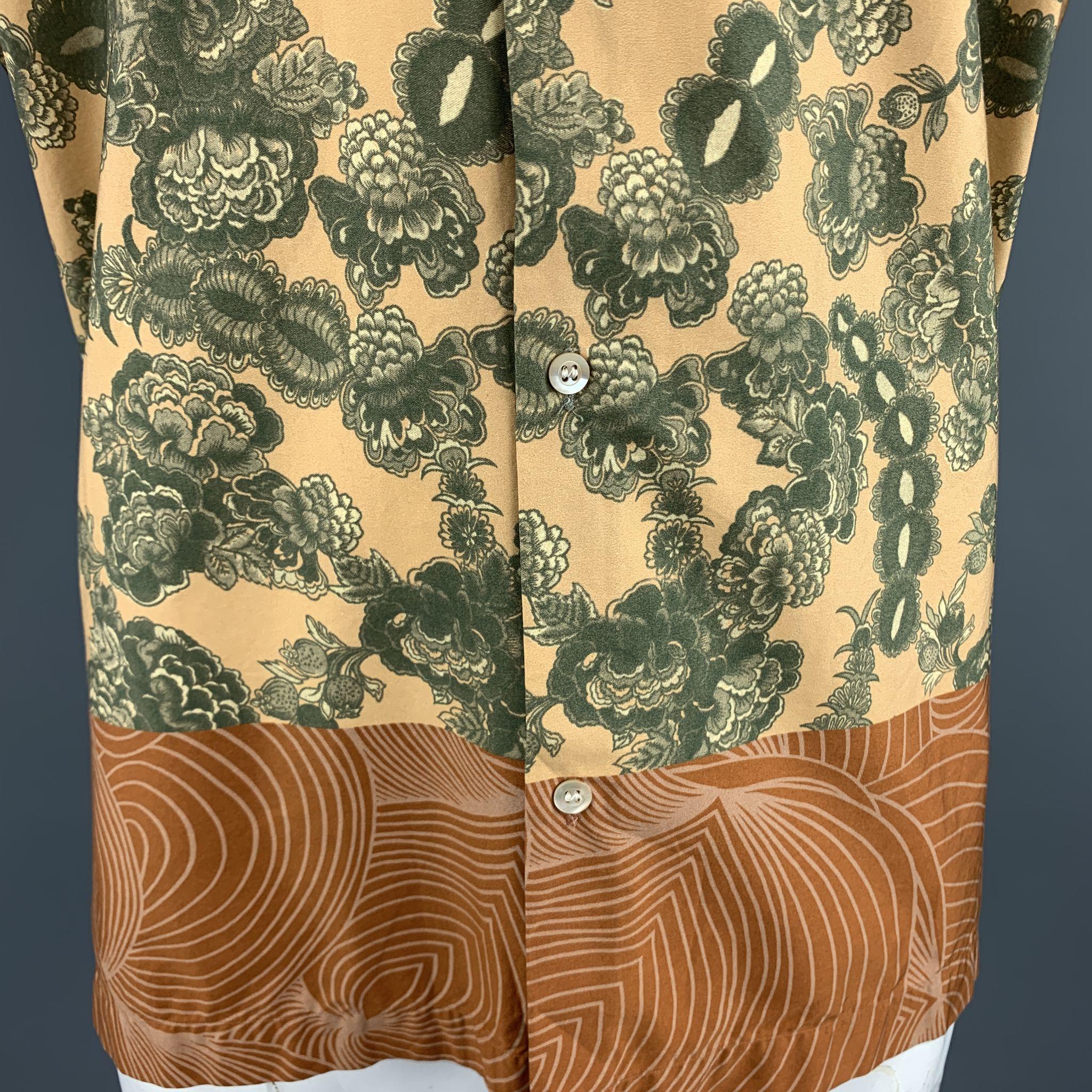 Brown DRIES VAN NOTEN Size XL Gold & Green Floral Cotton Bronze Hem Short Sleeve Shirt