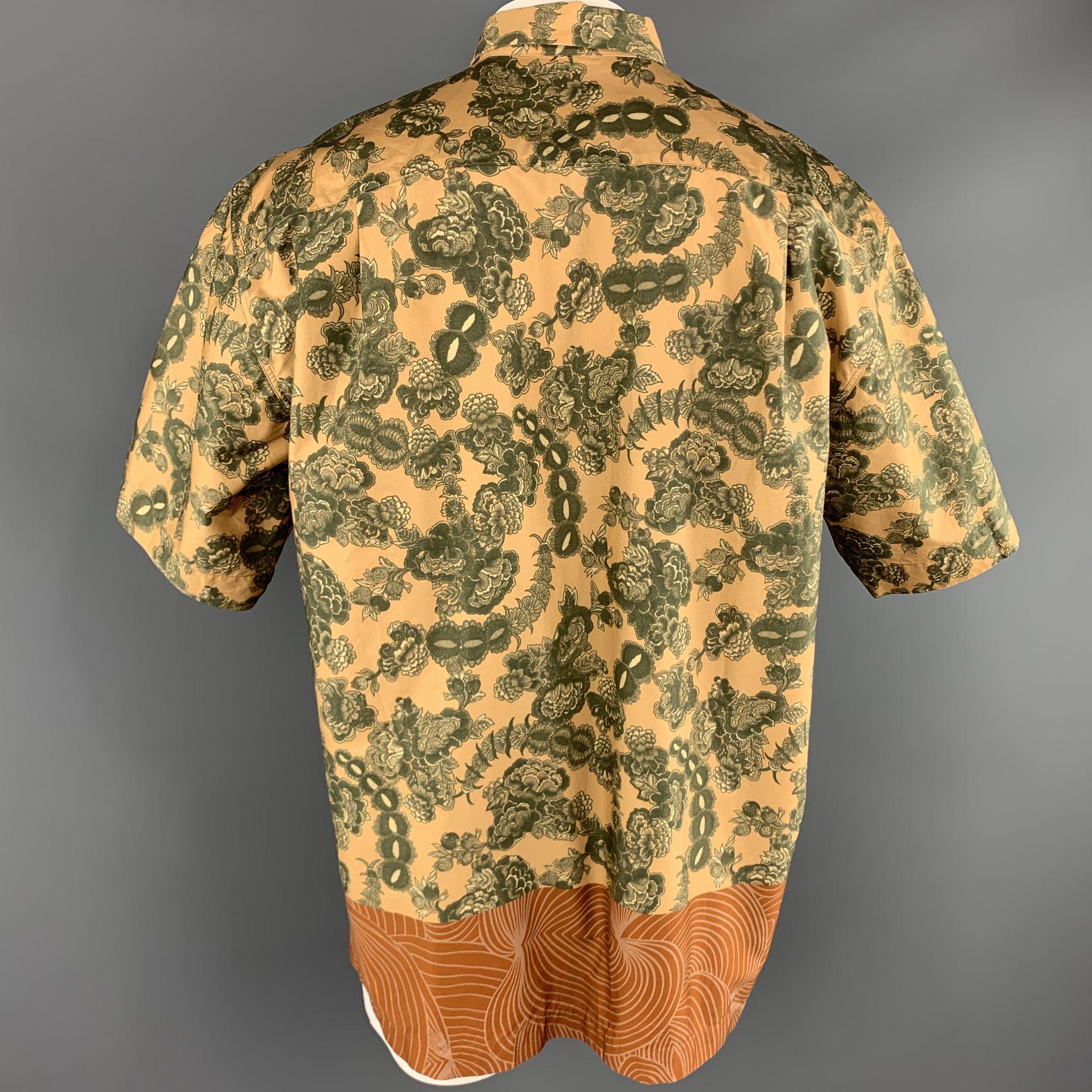 DRIES VAN NOTEN Size XL Gold & Green Floral Cotton Bronze Hem Short Sleeve Shirt 1