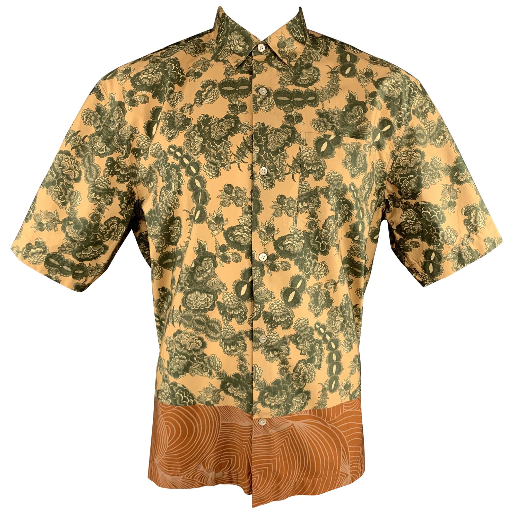 DRIES VAN NOTEN Size XL Gold & Green Floral Cotton Bronze Hem Short Sleeve Shirt