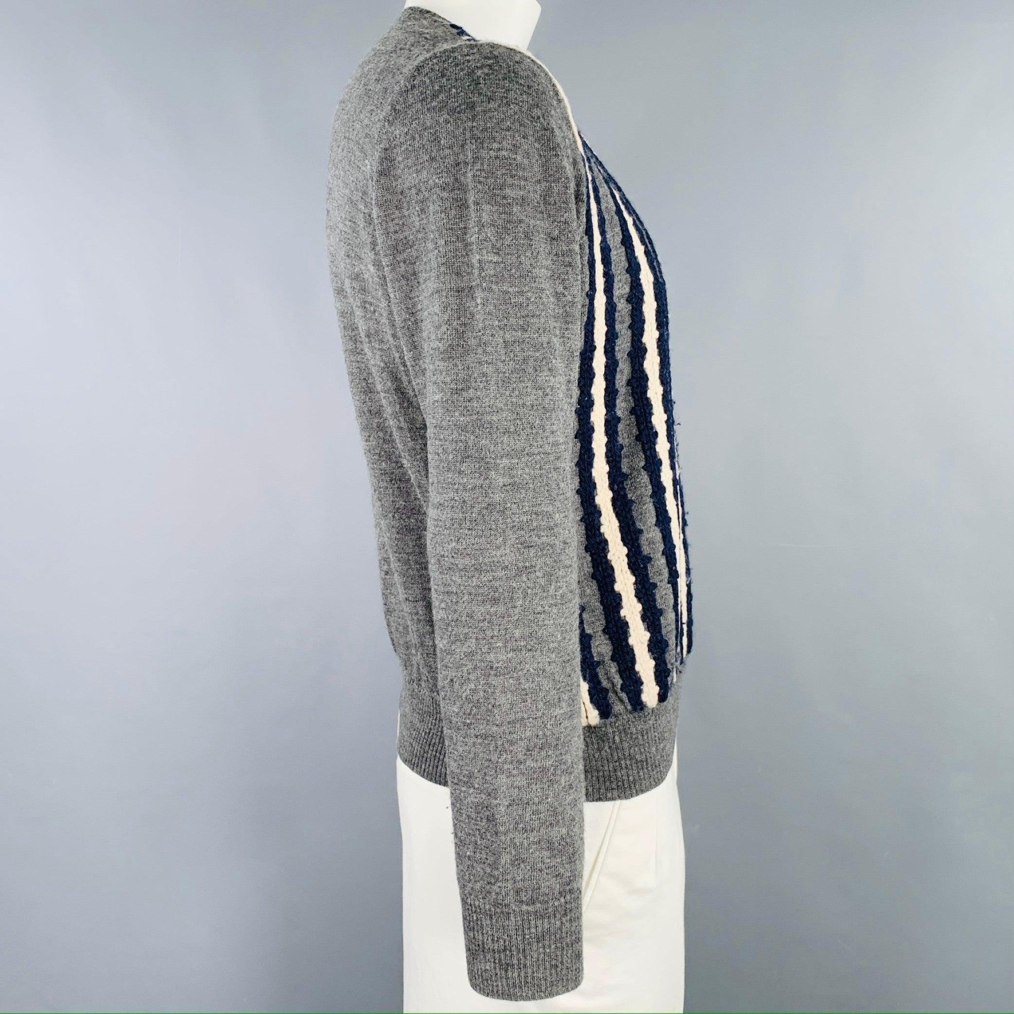 Black DRIES VAN NOTEN Size XL Grey Navy Cream Stripe Wool V-Neck Pullover For Sale