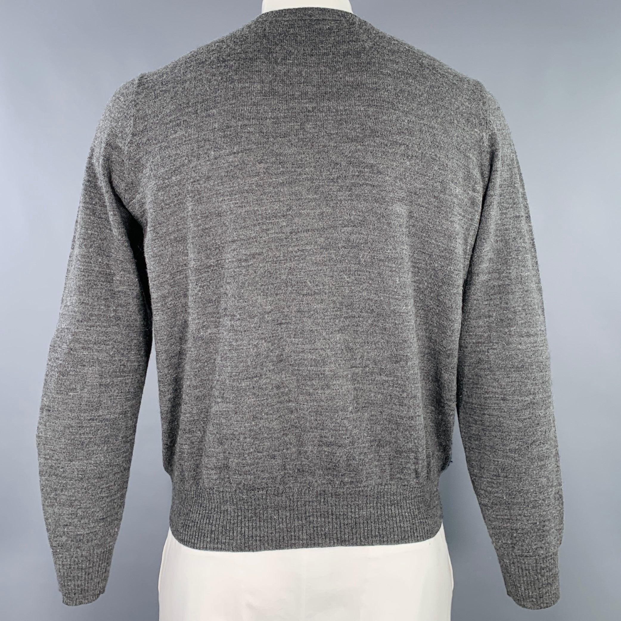 DRIES VAN NOTEN Size XL Grey Navy Cream Stripe Wool V-Neck Pullover In Good Condition For Sale In San Francisco, CA