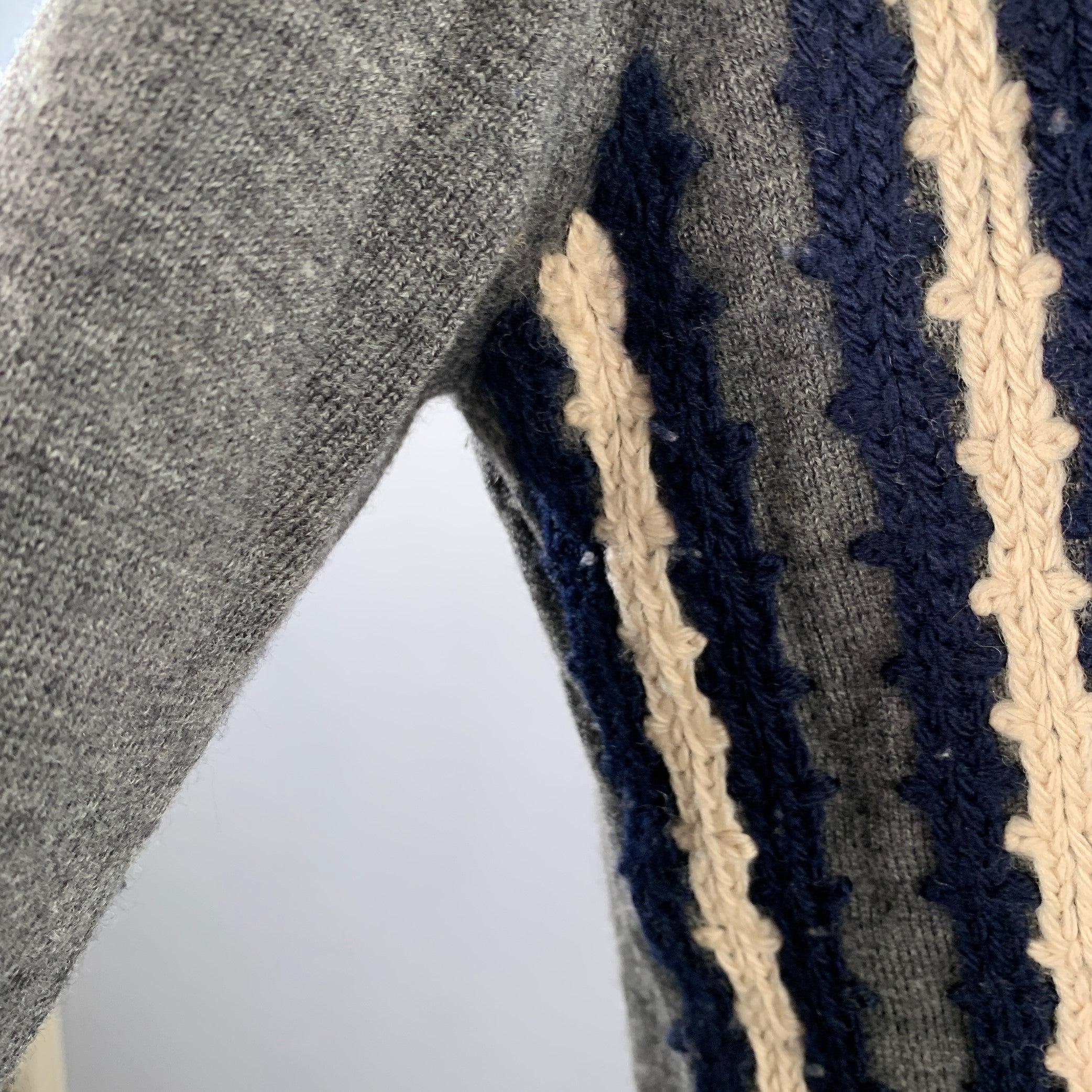 DRIES VAN NOTEN Size XL Grey Navy Cream Stripe Wool V-Neck Pullover For Sale 1