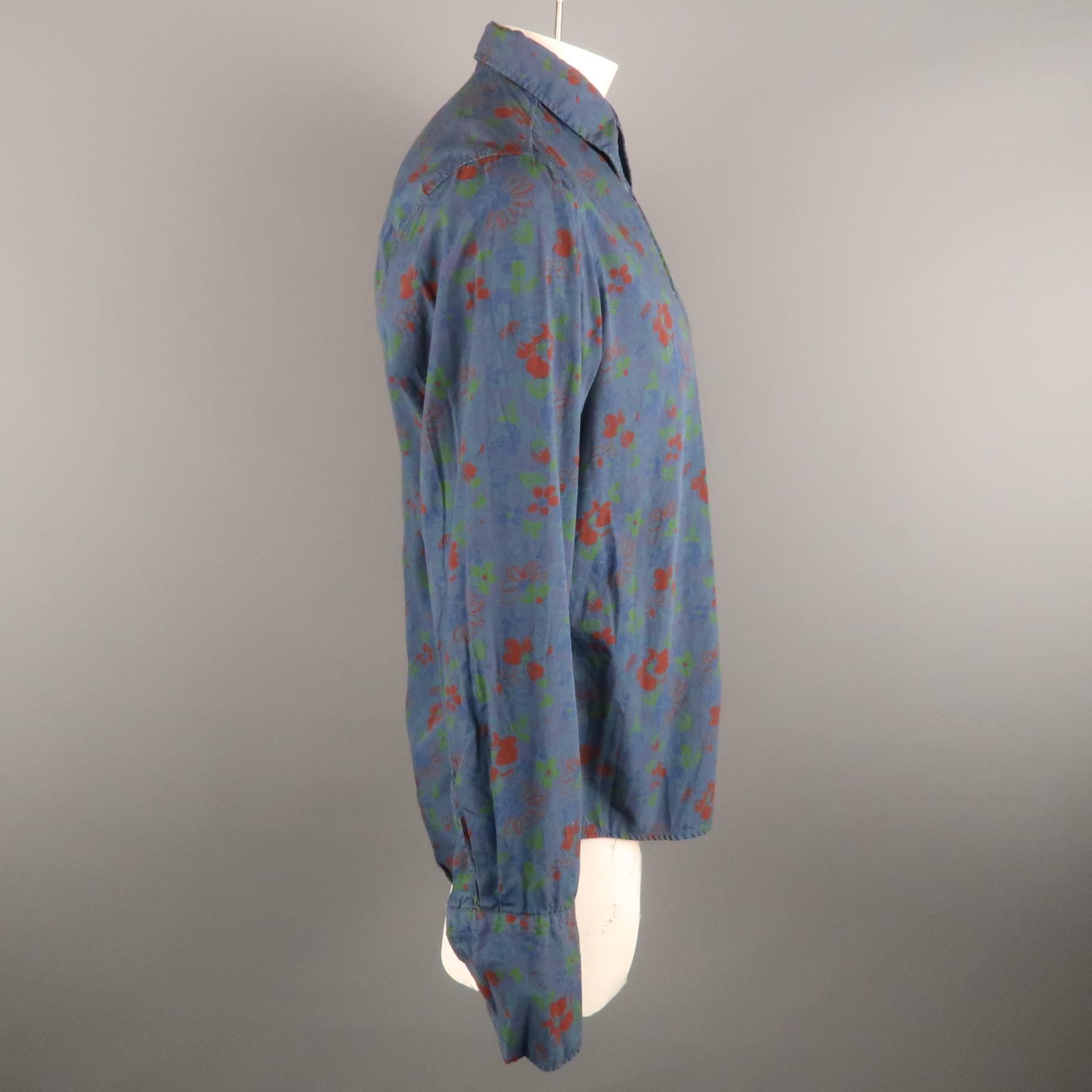 Gray DRIES VAN NOTEN Size XL Navy & Brick Floral Cotton French Cuff Long Sleeve Shirt