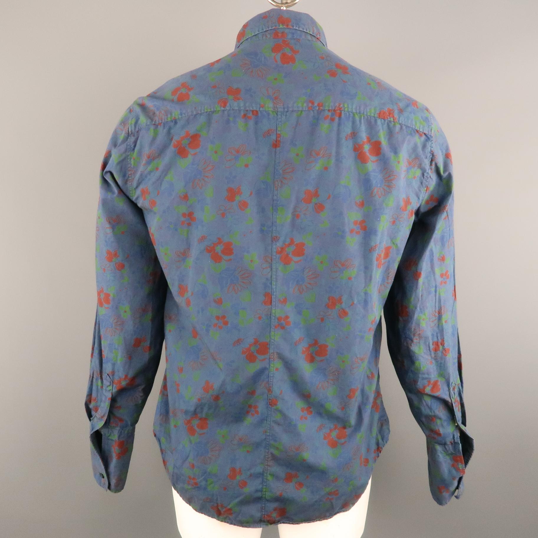 DRIES VAN NOTEN Size XL Navy & Brick Floral Cotton French Cuff Long Sleeve Shirt In Good Condition In San Francisco, CA