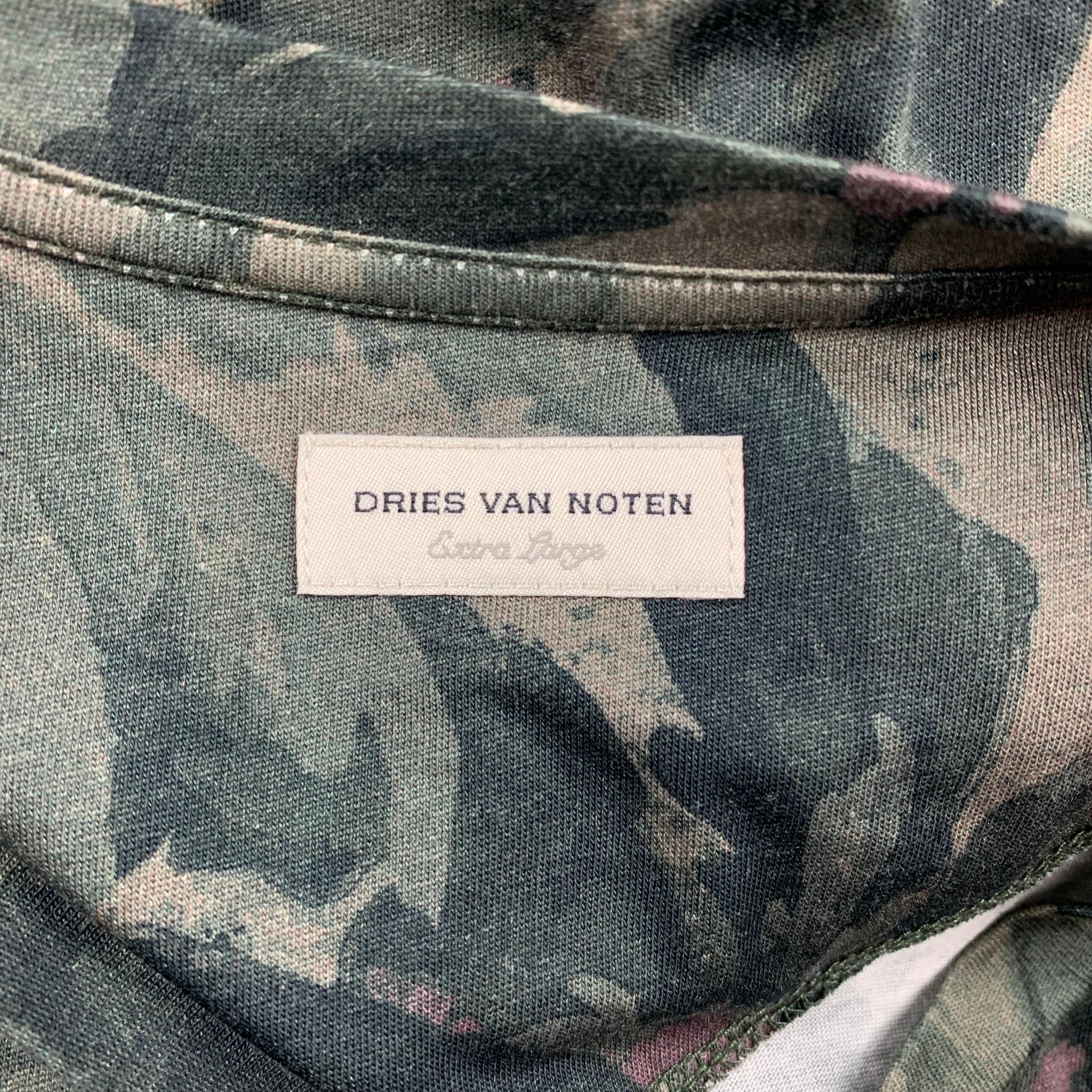 Men's DRIES VAN NOTEN Size XL Olive Print Cotton Crew-Neck T-shirt