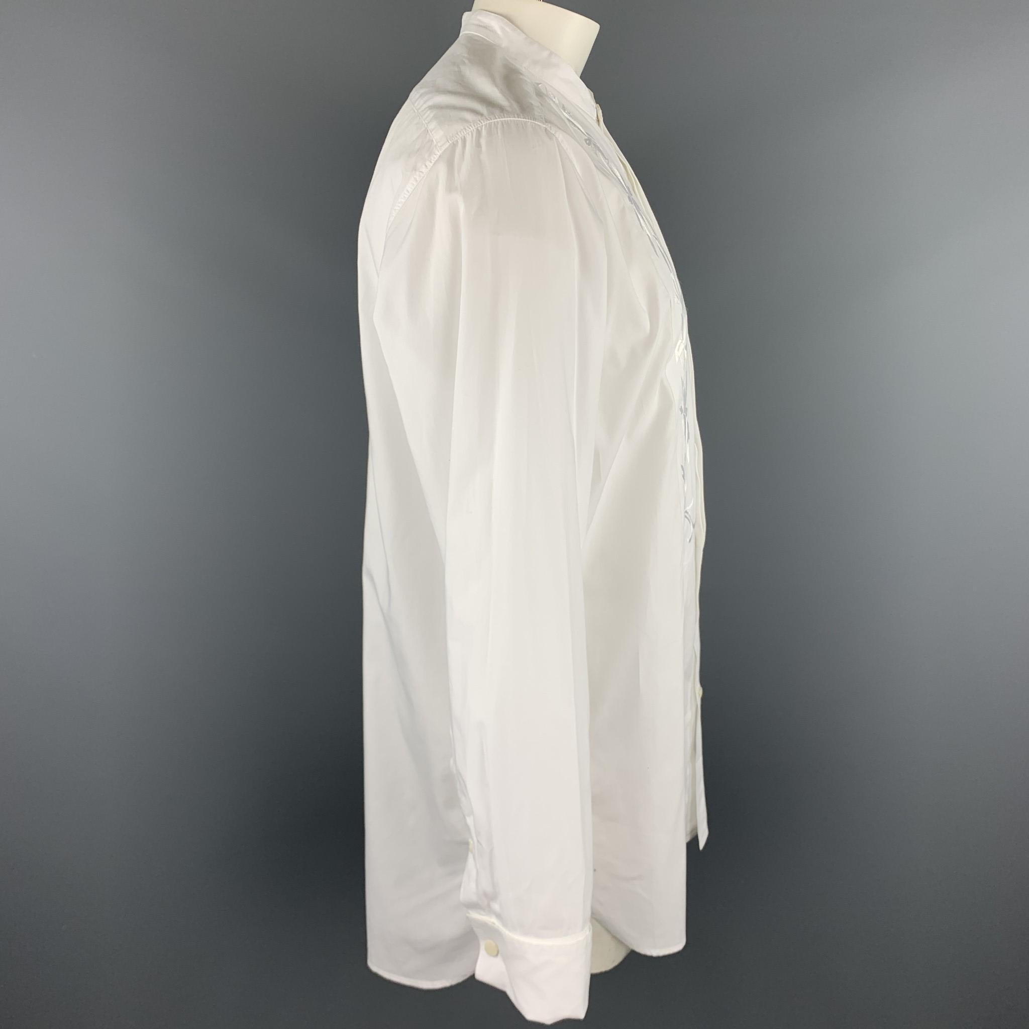 DRIES VAN NOTEN Size XL White Embroidery Cotton Nehru Collar Long Sleeve Shirt In Excellent Condition In San Francisco, CA