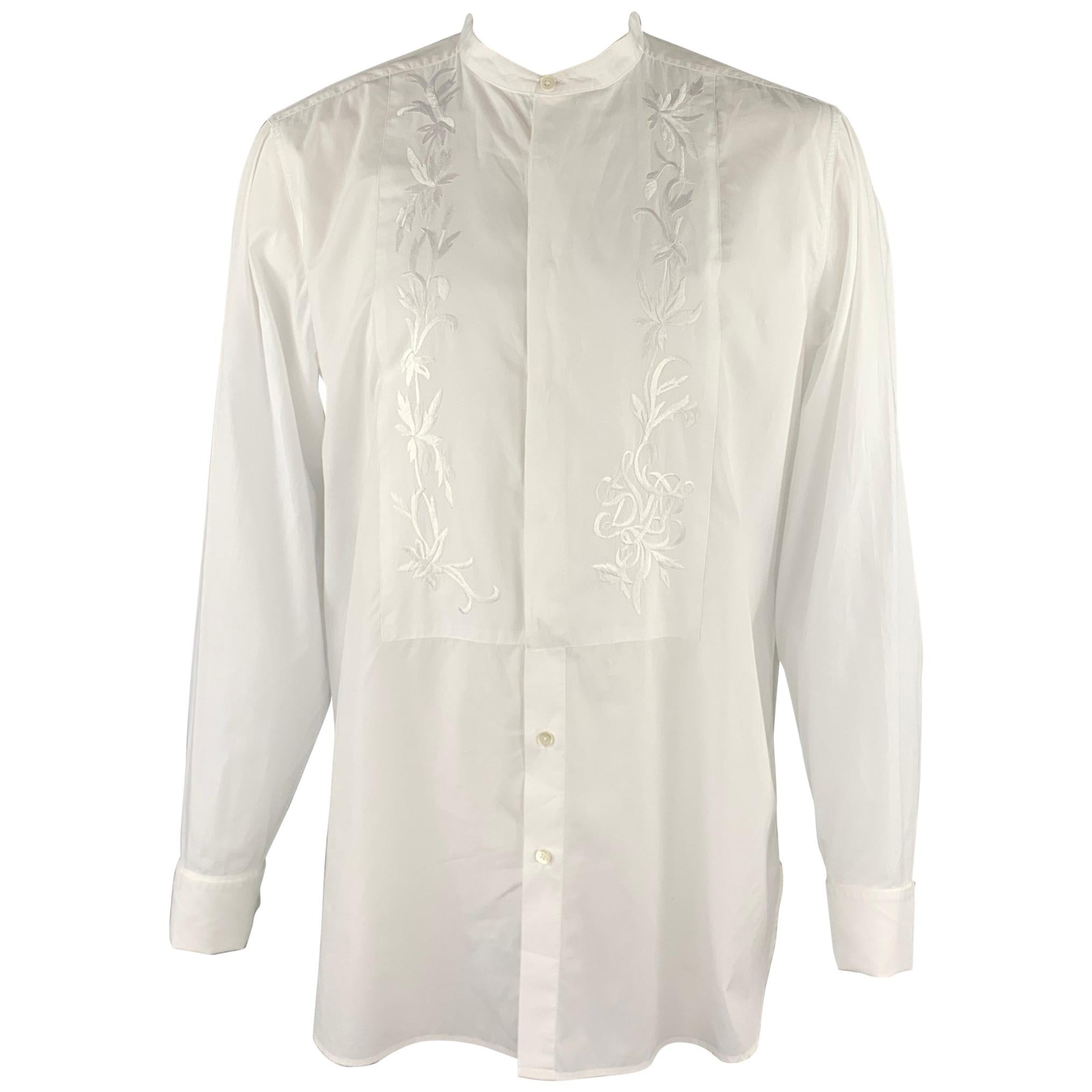 DRIES VAN NOTEN Size XL White Embroidery Cotton Nehru Collar Long Sleeve Shirt