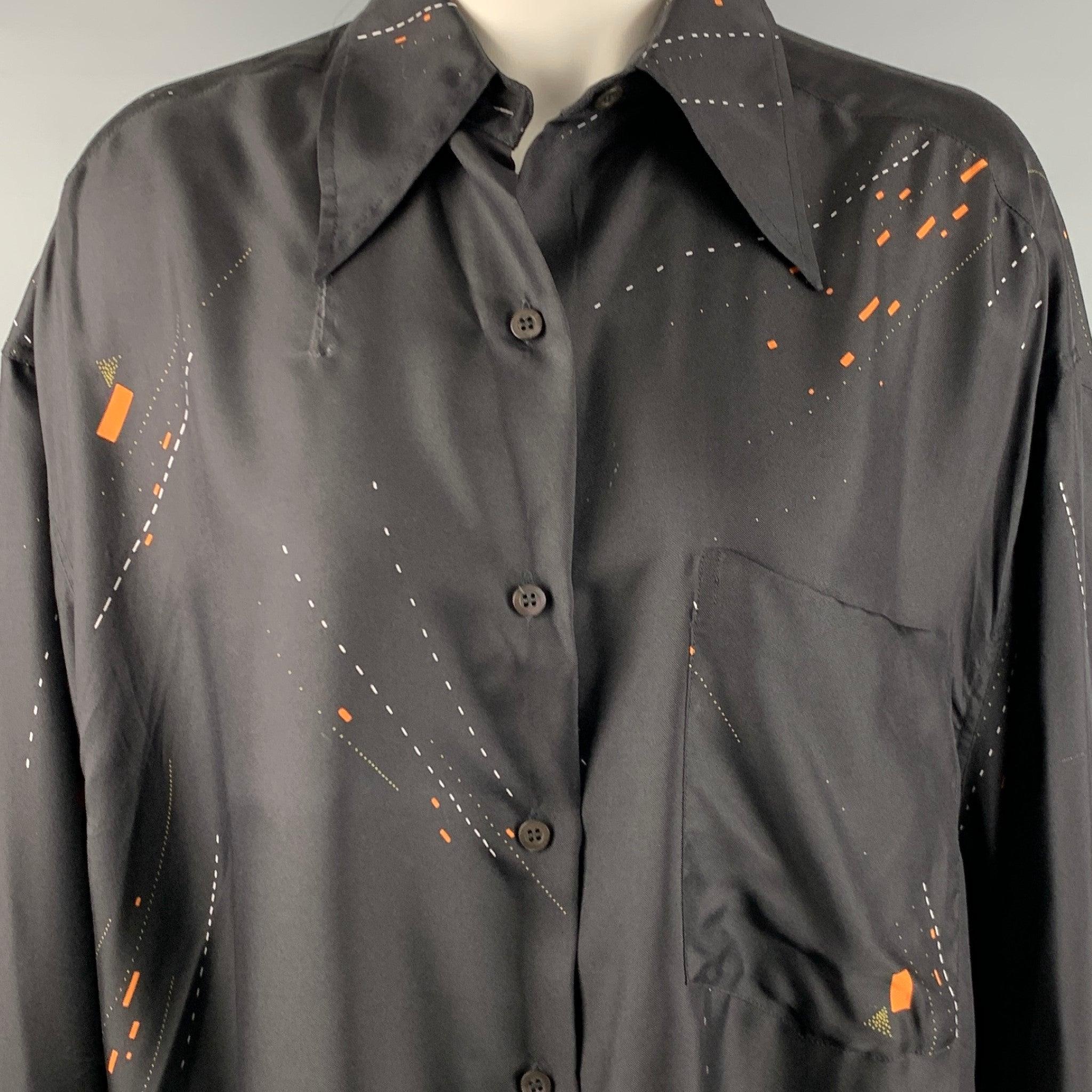 Women's DRIES VAN NOTEN Size XS Black Orange White Silk Print Tunic Shirt