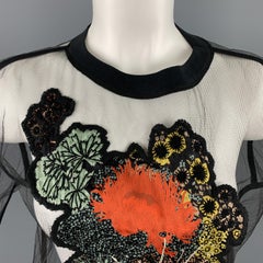 DRIES VAN NOTEN Size XS Black Tulle Silk Flower Applique T Shirt