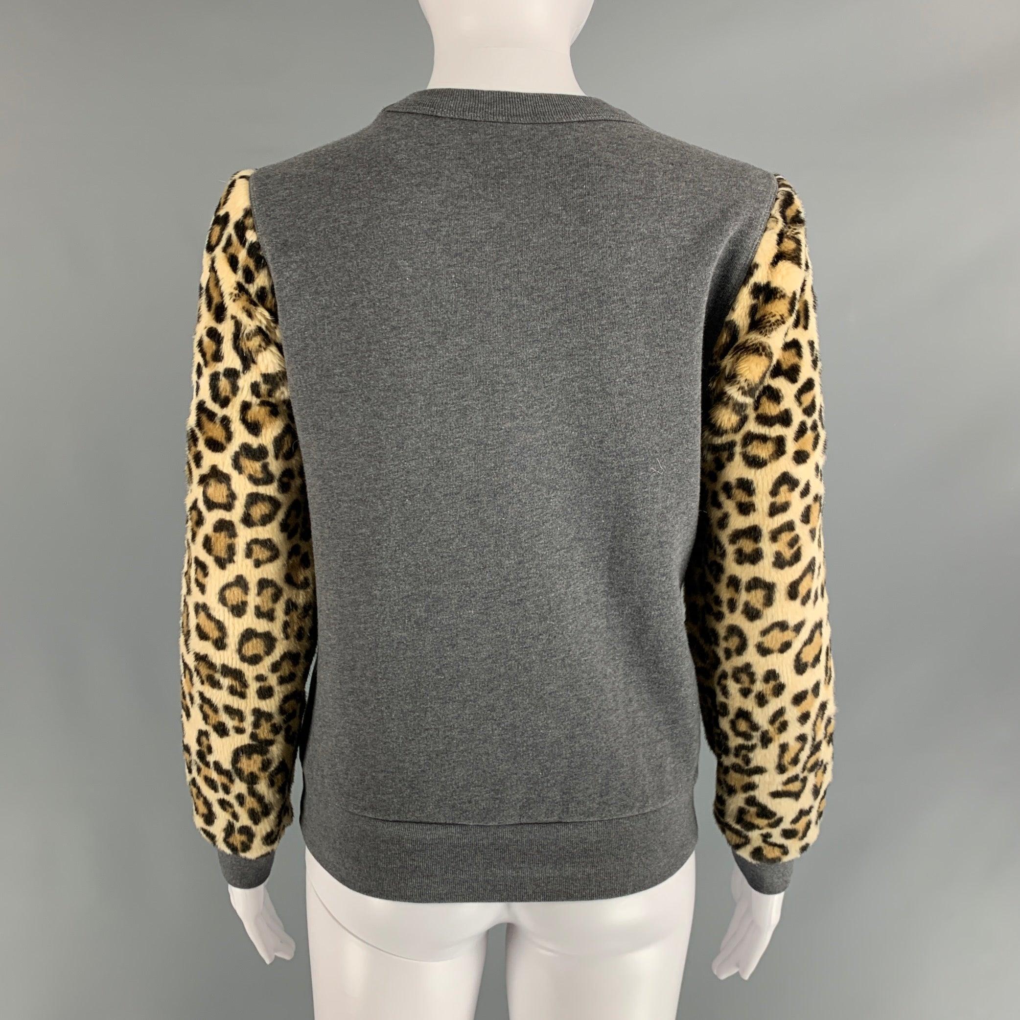 Women's DRIES VAN NOTEN Size XS Gray Brown Cotton Animal Crew-Neck Sweater For Sale