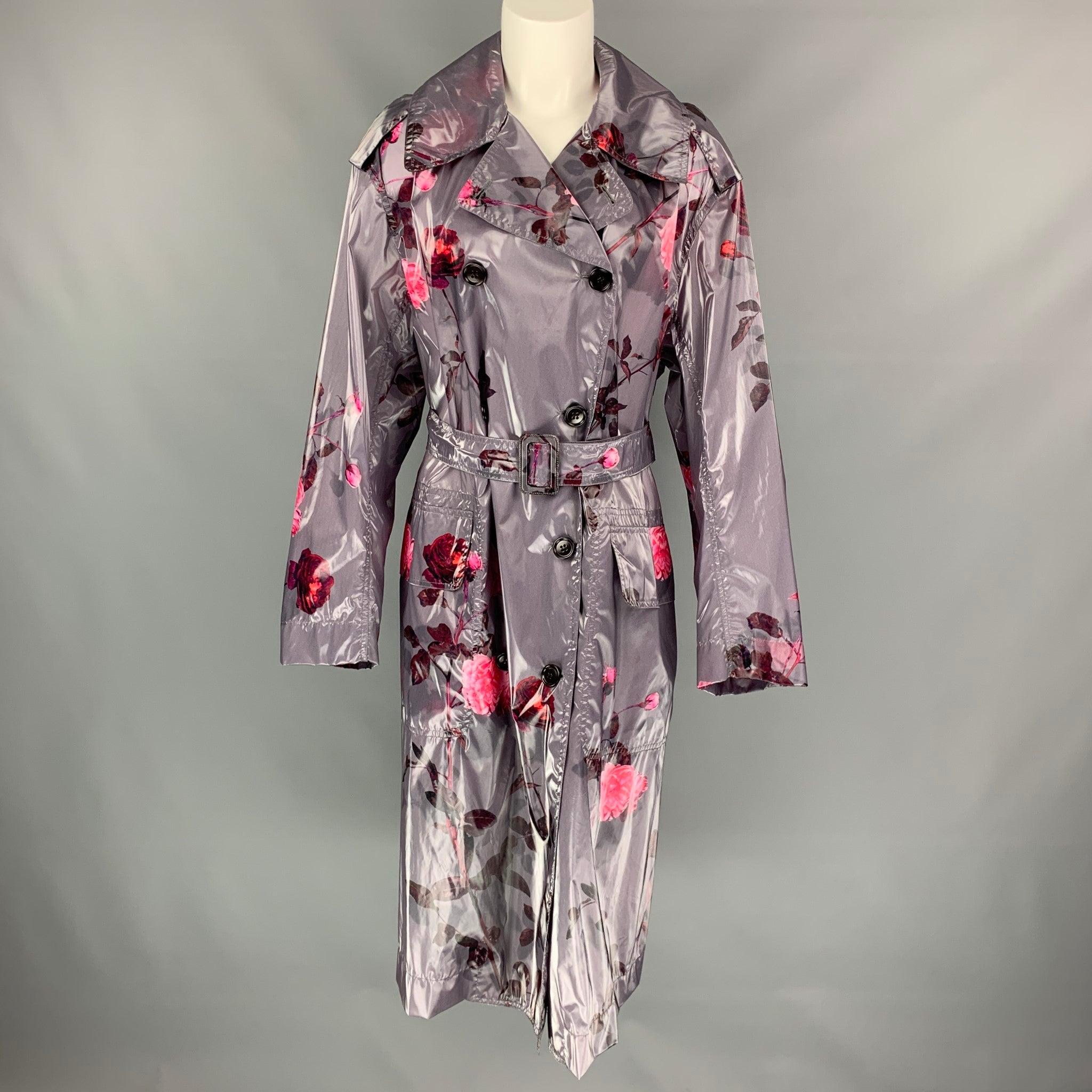DRIES VAN NOTEN Size XS Grey & Pink Floral Polyurethane Bend Belted Trench Coat In Good Condition For Sale In San Francisco, CA