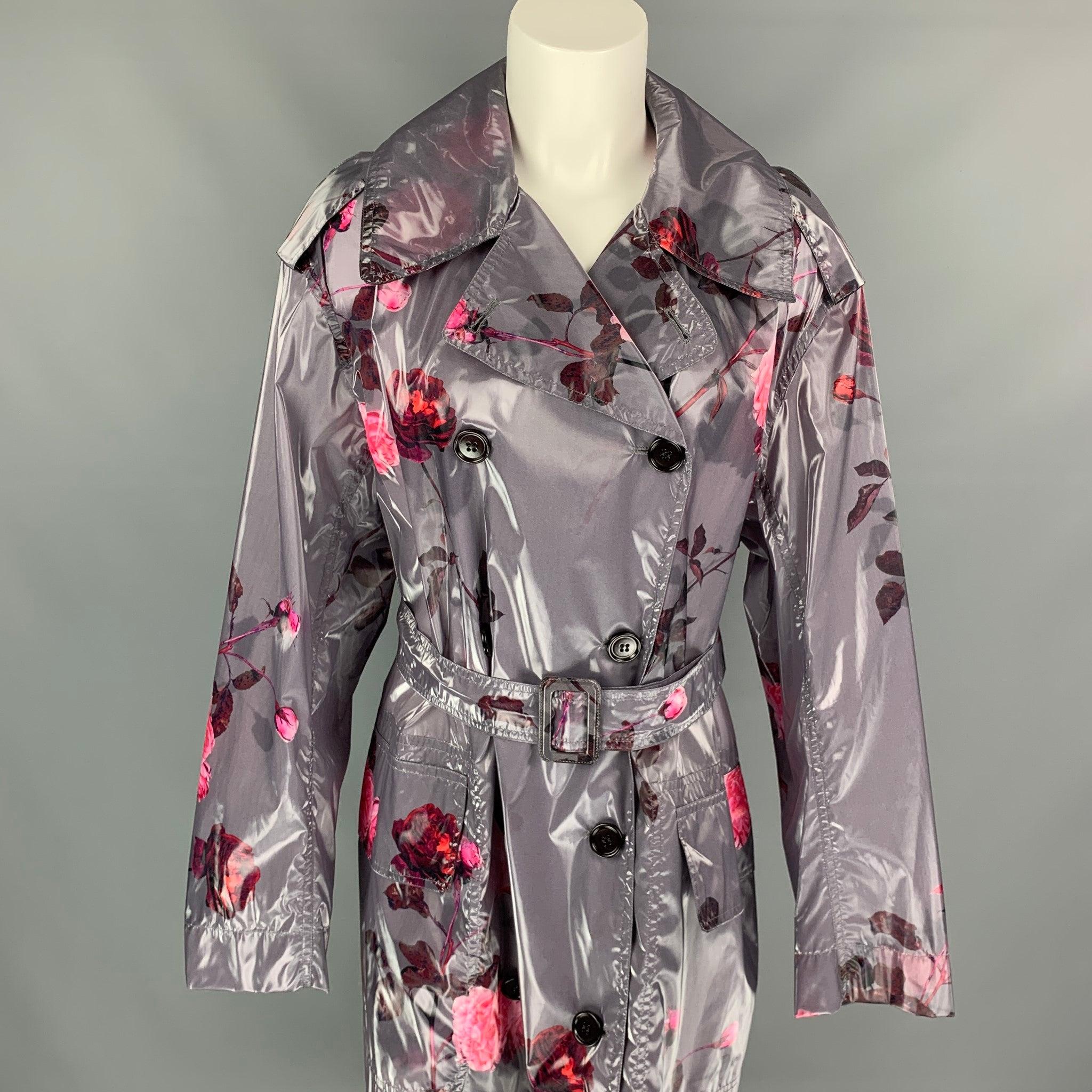 Women's DRIES VAN NOTEN Size XS Grey & Pink Floral Polyurethane Bend Belted Trench Coat For Sale