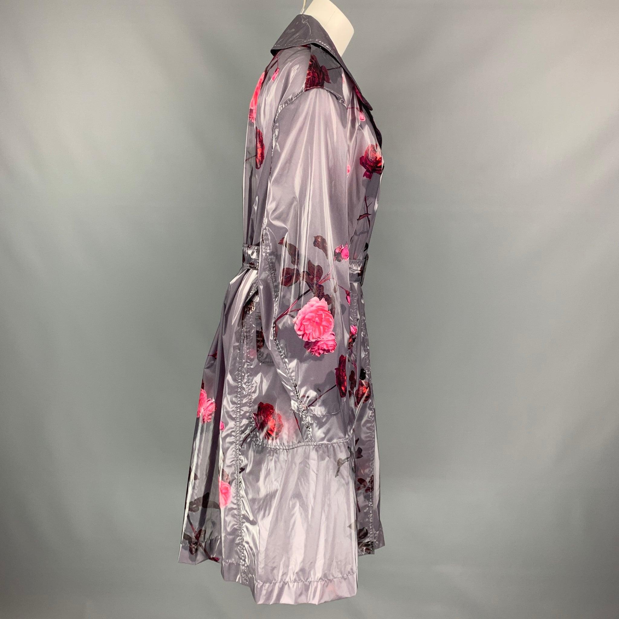 DRIES VAN NOTEN Size XS Grey & Pink Floral Polyurethane Bend Belted Trench Coat For Sale 1
