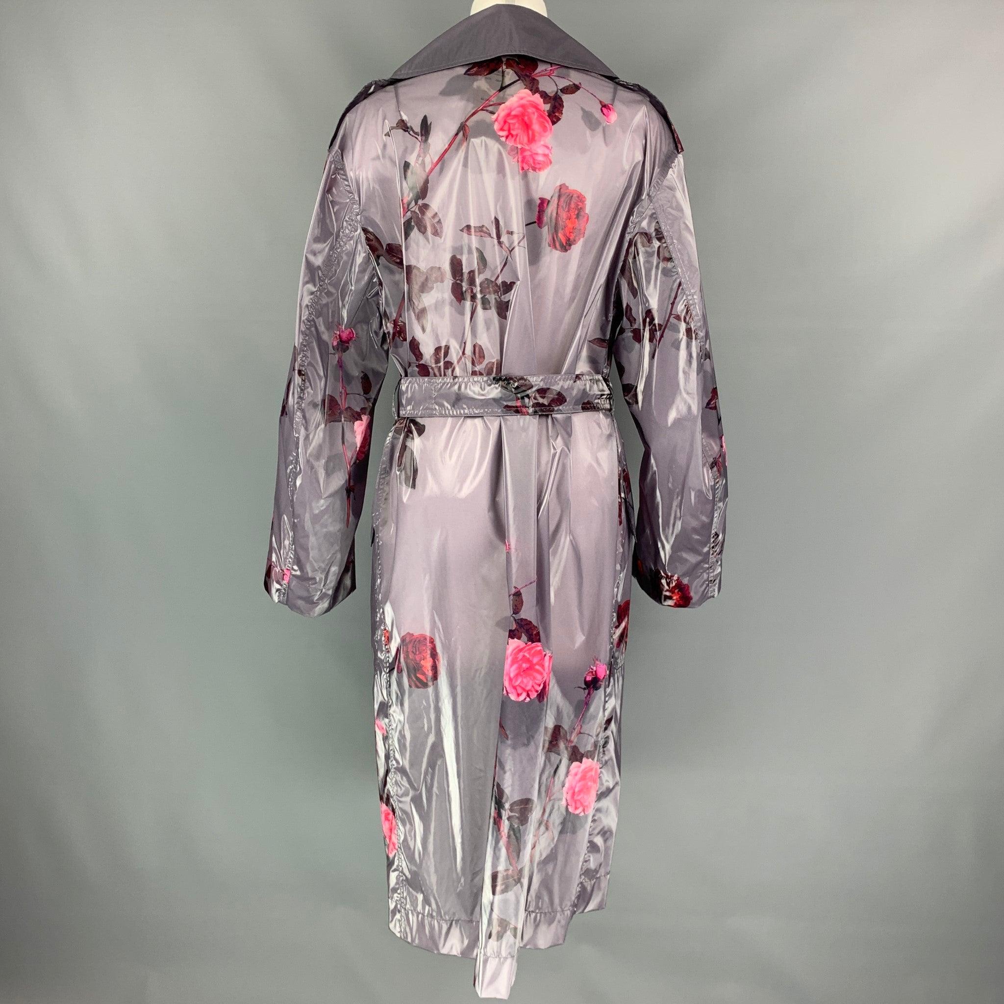 DRIES VAN NOTEN Size XS Grey & Pink Floral Polyurethane Bend Belted Trench Coat For Sale 2