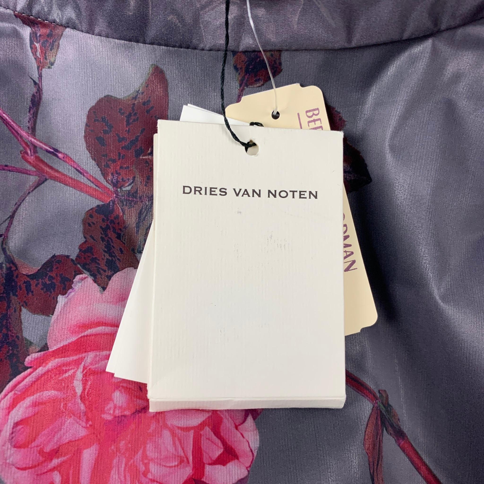 DRIES VAN NOTEN Size XS Grey & Pink Floral Polyurethane Bend Belted Trench Coat In New Condition In San Francisco, CA
