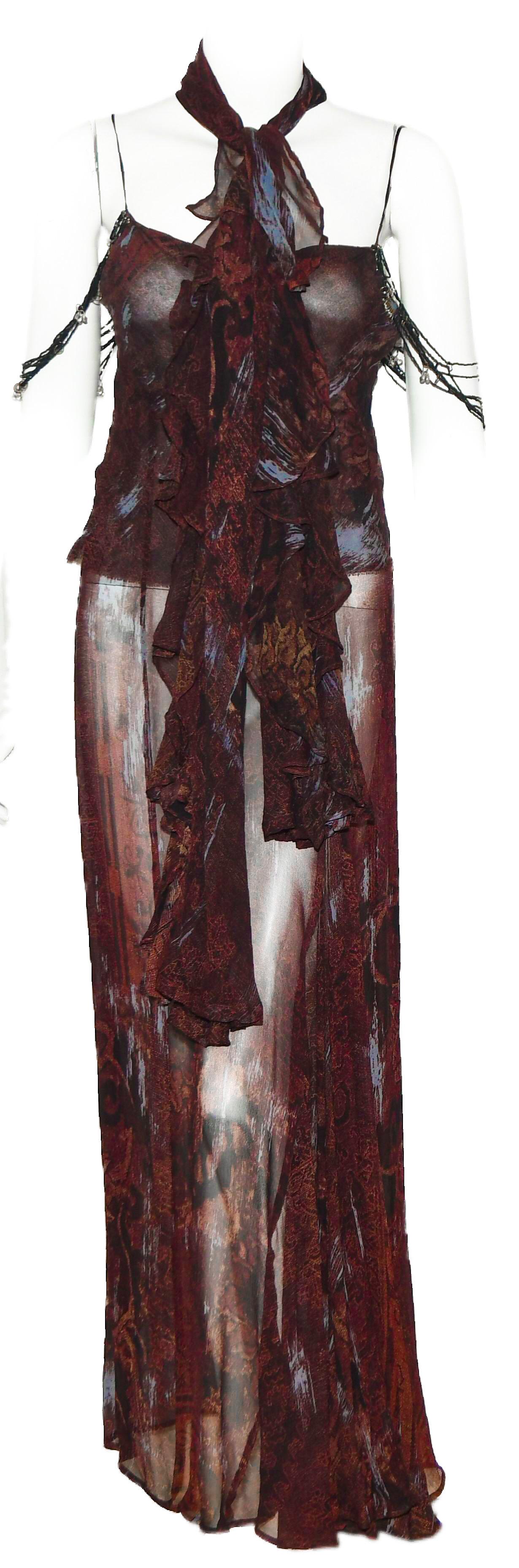 Dries Van Noten sheer sleeveless long evening dress includes multiple black beaded shoulder straps.  This multi color silk georgette wispy dress with artsy gathered scoop neckline creates a flattering shape down the bodice of a flowing chiffon maxi,