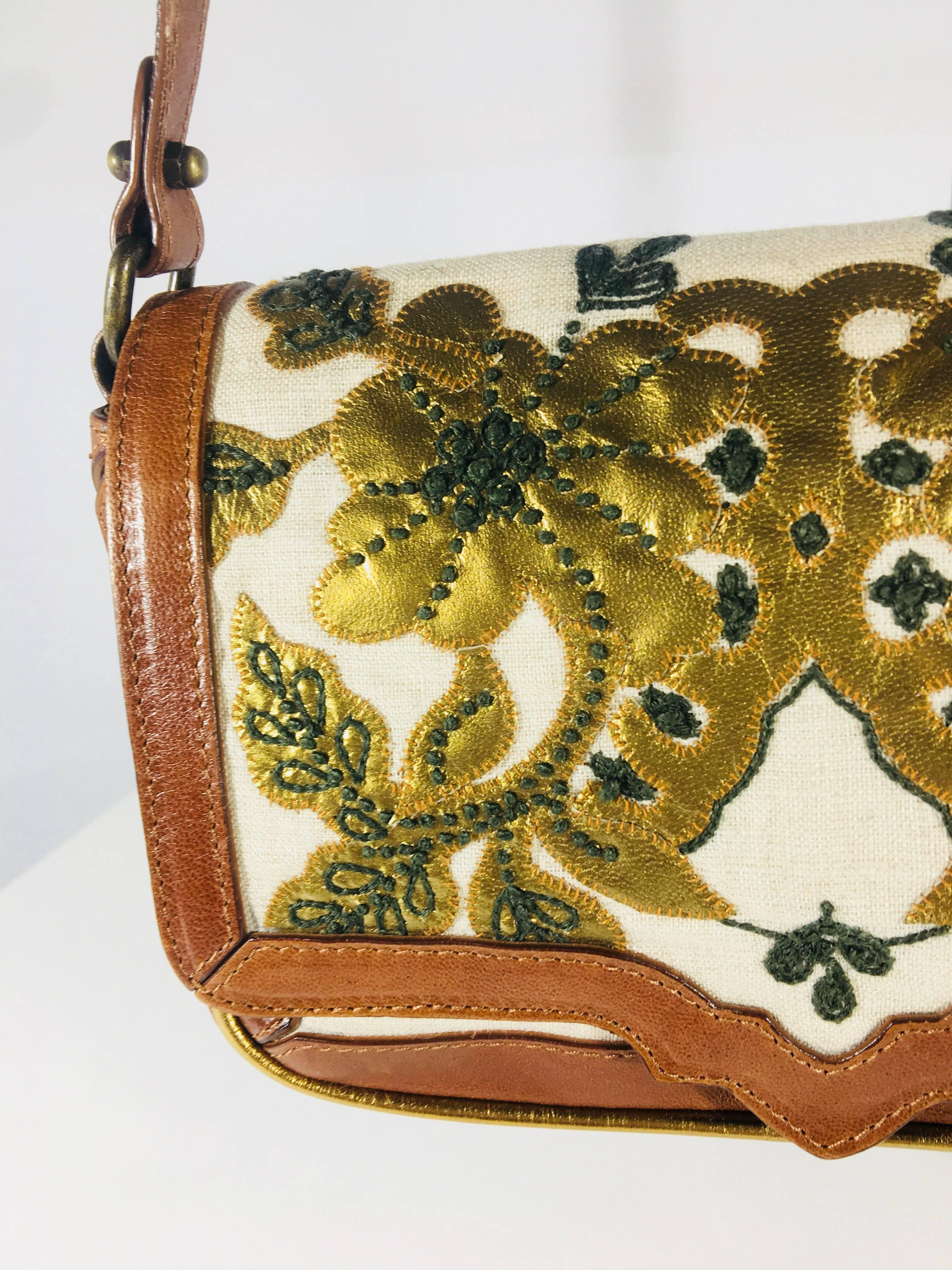 Dries Van Noten Small Shoulder Bag with Gold Floral Detail and Leather Trim