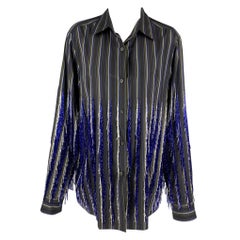 DRIES VAN NOTEN SS 19 Size L Navy & Grey Cotton Stripe Beaded Shirt