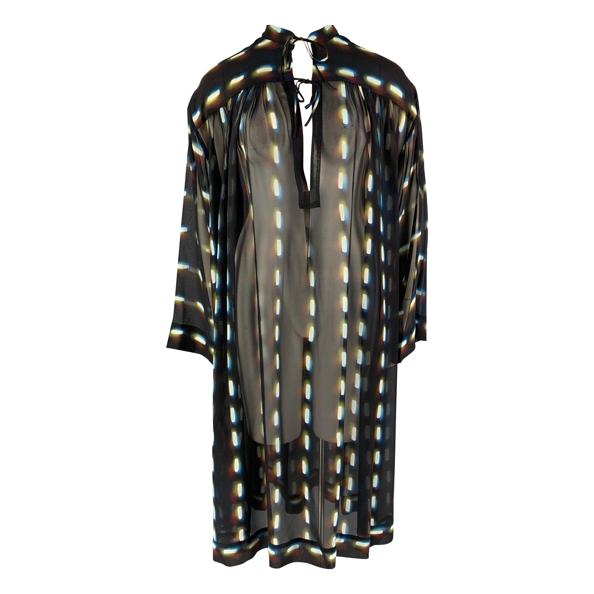 Dries van Noten SS 21 Taglia 8 Vestito a tunica in seta nera con stampa multicolore