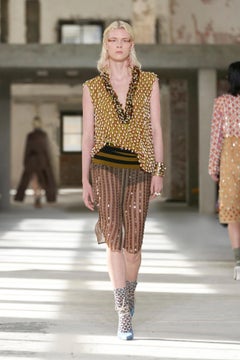 Dries Van Noten SS24 Gonna in chiffon di seta a righe con bottoni e coulisse sul davanti