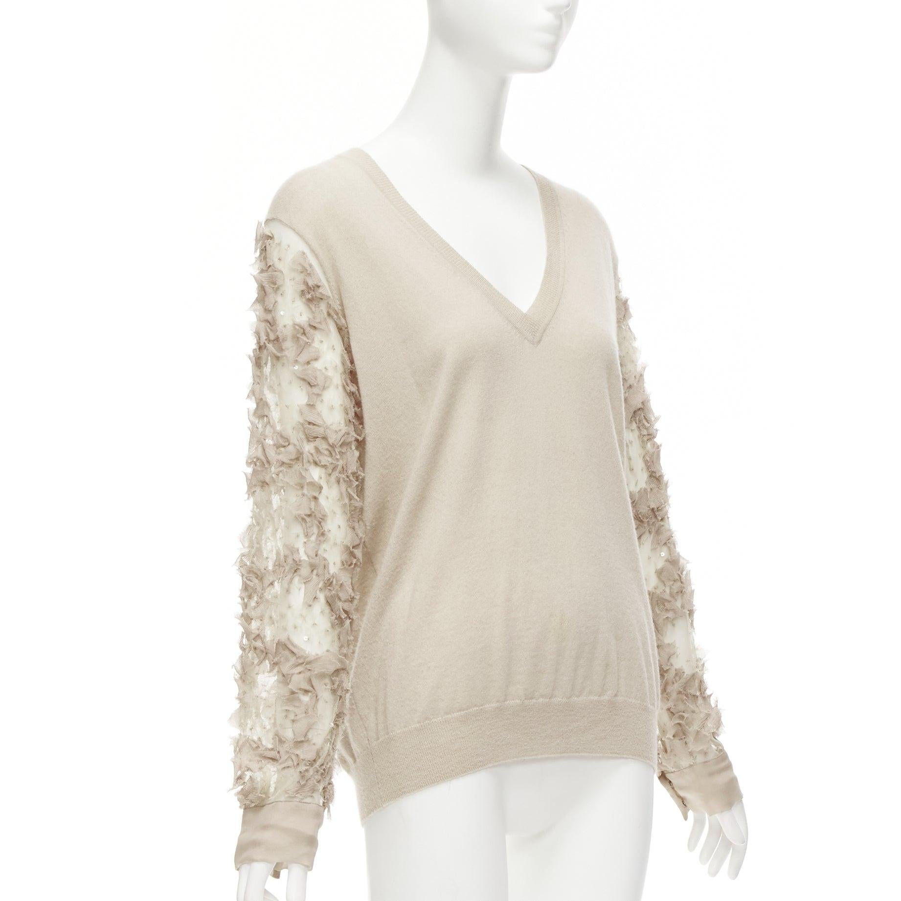 DRIES VAN NOTEN stone cashmere silk ruffle sheer sleeves V-neck sweater S In Good Condition For Sale In Hong Kong, NT