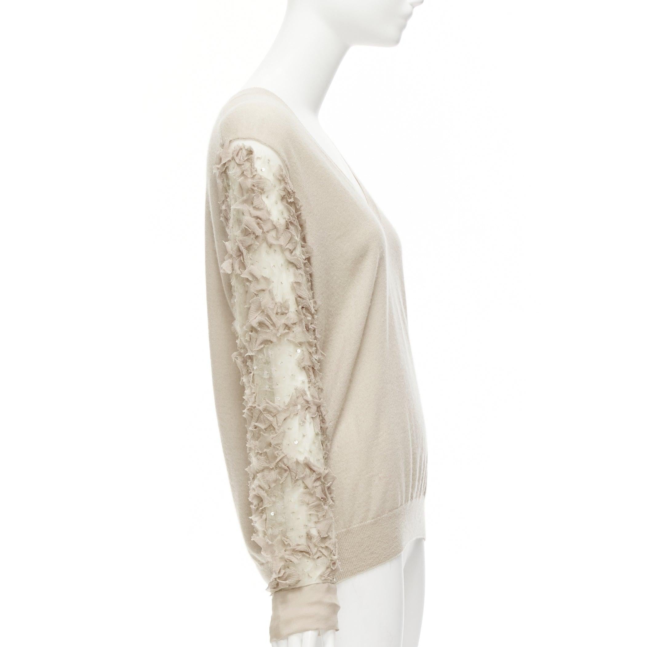 Women's DRIES VAN NOTEN stone cashmere silk ruffle sheer sleeves V-neck sweater S For Sale