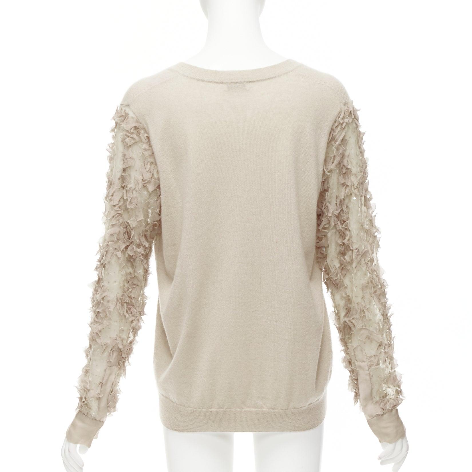 Women's DRIES VAN NOTEN stone cashmere silk ruffle sheer sleeves V-neck sweater S For Sale