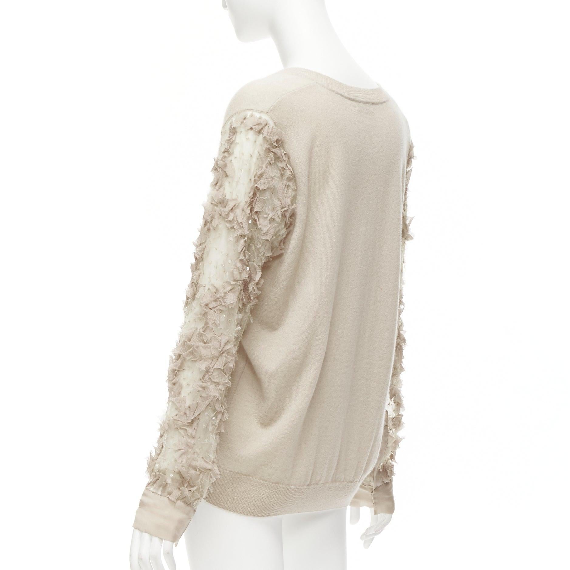 DRIES VAN NOTEN stone cashmere silk ruffle sheer sleeves V-neck sweater S For Sale 2