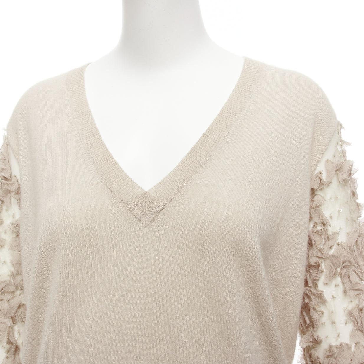 DRIES VAN NOTEN stone cashmere silk ruffle sheer sleeves V-neck sweater S For Sale 2
