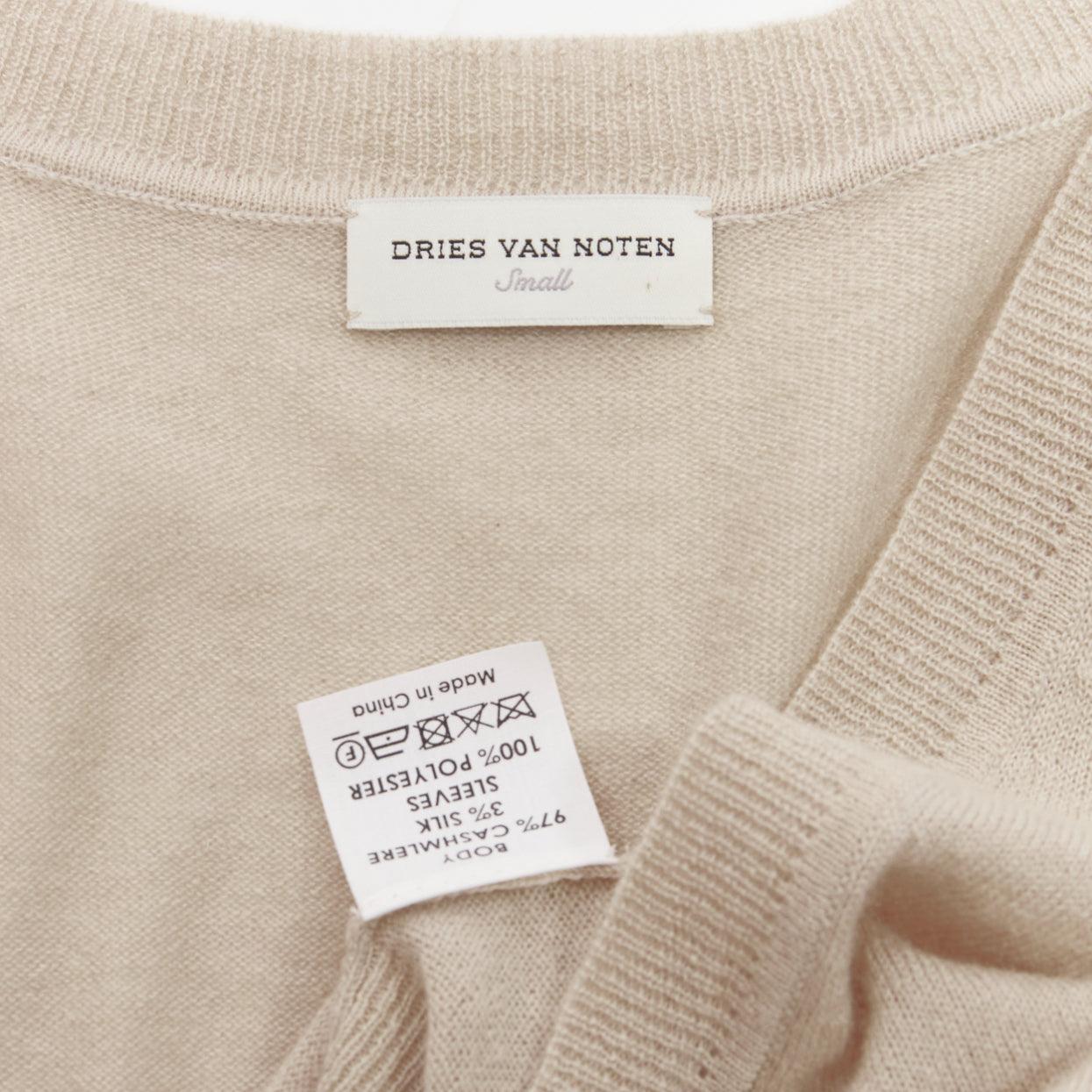 DRIES VAN NOTEN stone cashmere silk ruffle sheer sleeves V-neck sweater S For Sale 3