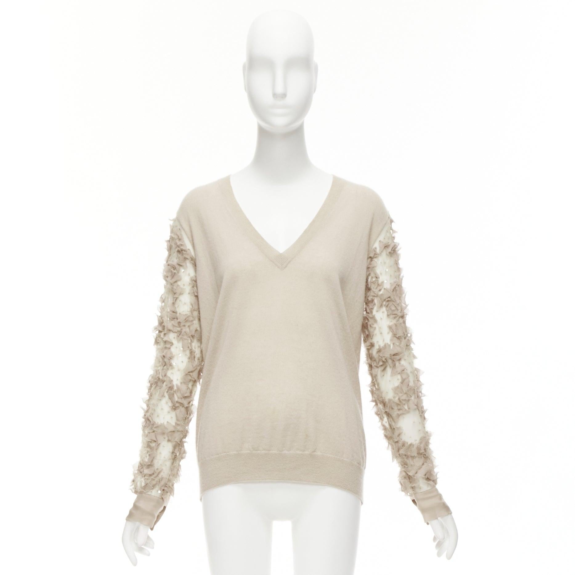 DRIES VAN NOTEN stone cashmere silk ruffle sheer sleeves V-neck sweater S For Sale 4