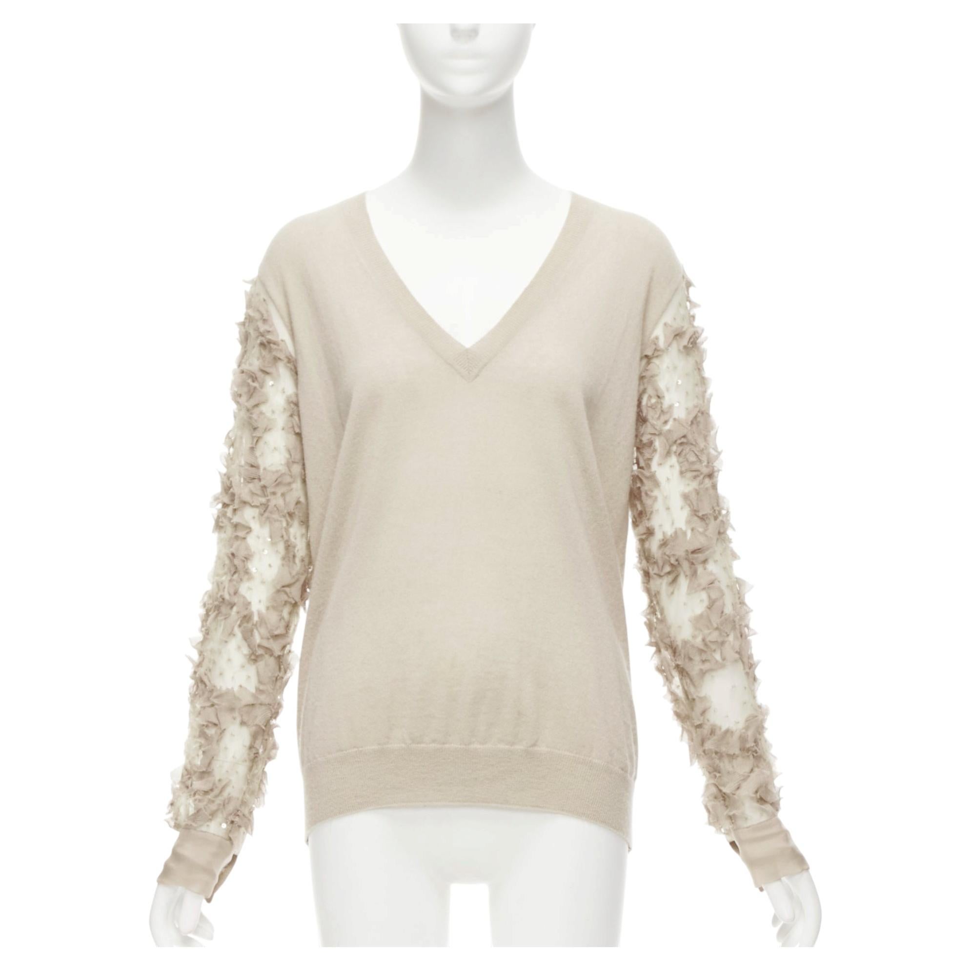 DRIES VAN NOTEN Pullover mit V-Ausschnitt aus Stein, Kaschmir und Seide mit Rüschen und durchsichtigen Ärmeln S im Angebot