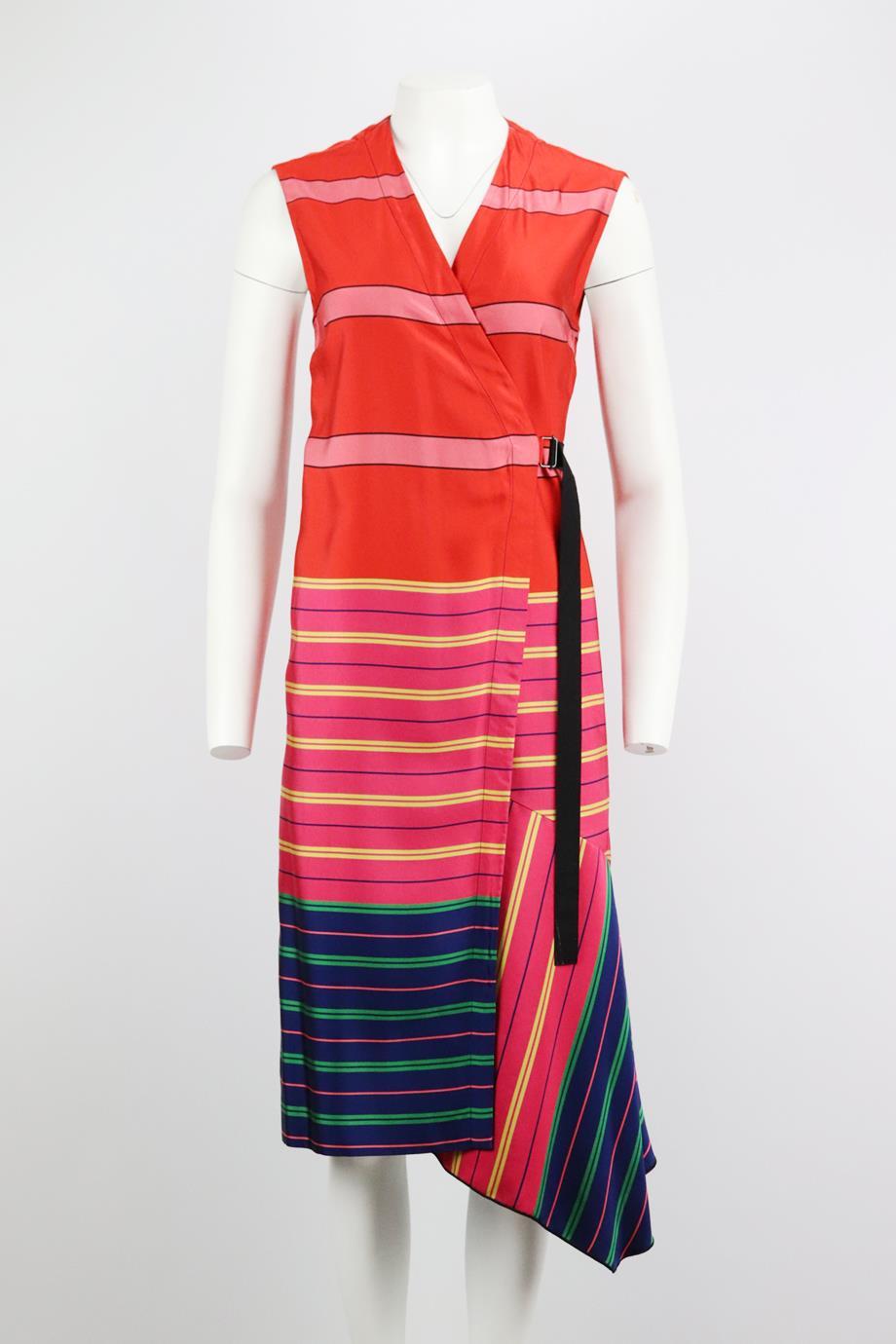 Dries Van Noten striped twill wrap dress. Multicoloured. Sleeveless, v-neck. Tie fastening at side. 100% Viscose. Size: FR 36 (UK 8, US 4, IT 40). Bust: 36 in. Waist; 36 in. Hips: 36 in. Length: 42 in. Very good condition - No sign of wear; see
