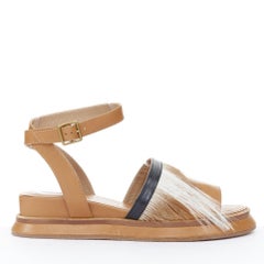 DRIES VAN NOTEN tan leather calf hair two tone ankle strap flat sandal EU36.5