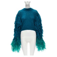 DRIES VAN NOTEN turquoise blue mohair degrade fringe sleeve cropped sweater XS