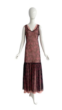 Dries van Noten Vintage 90s Two Piece Dress Set Mesh Overlay & Bias Cut Slip
