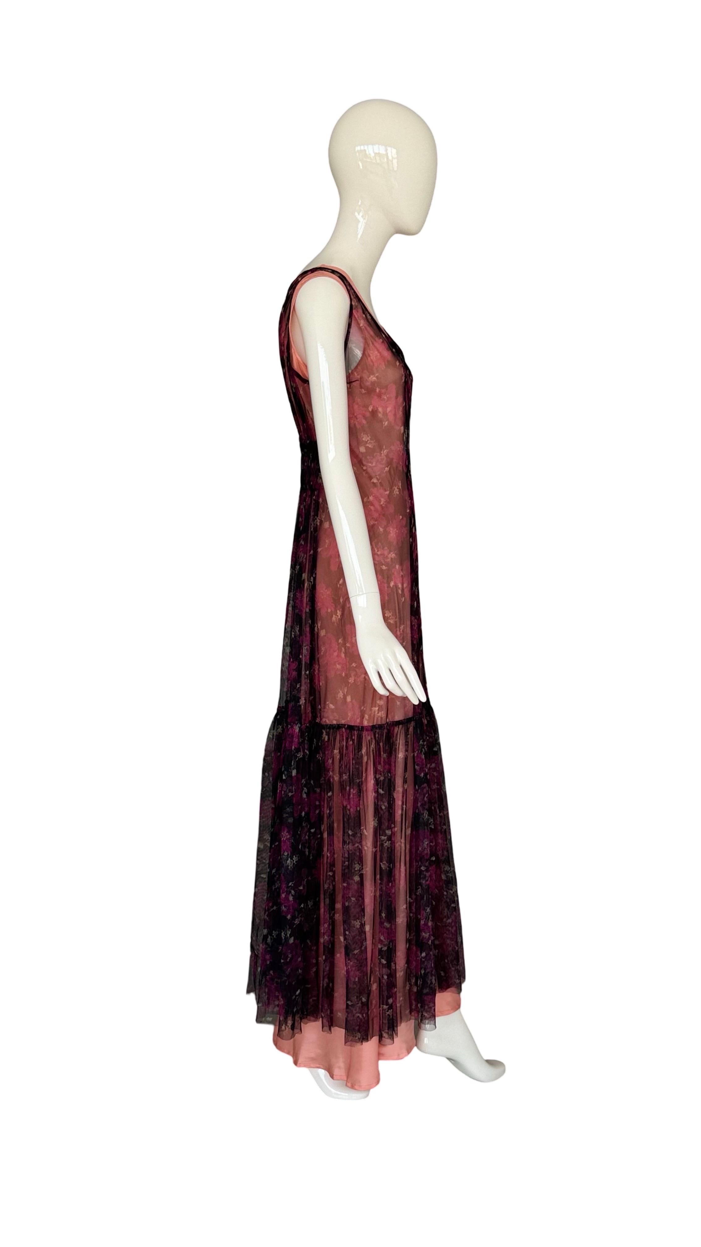 Women's Dries van Noten Vintage 90s Two Piece Dress Set Mesh Overlay & Bias Cut Slip
