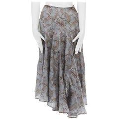 DRIES VAN NOTEN Vintage blue silk oriental floral print ruffle draped skirt 26"