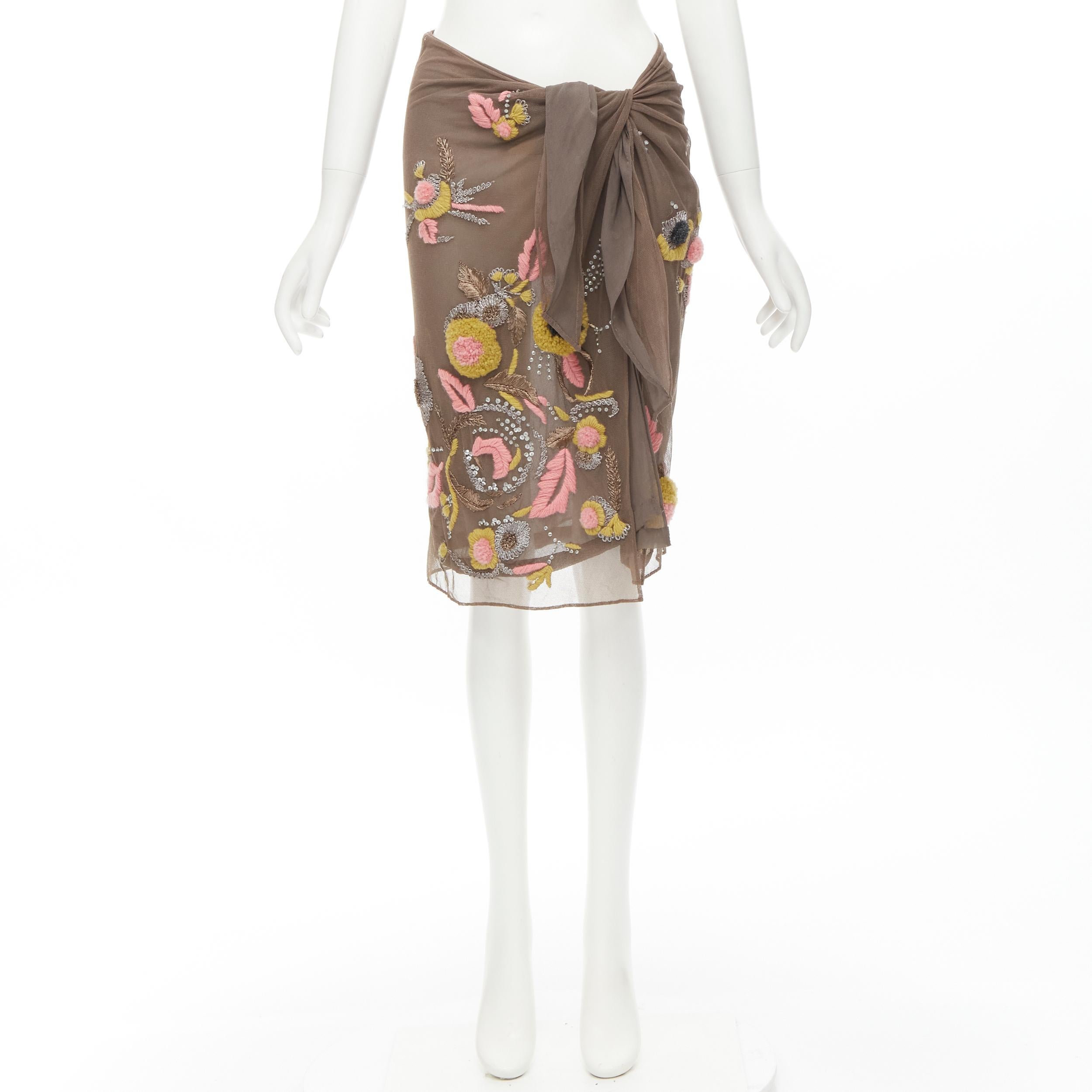 DRIES VAN NOTEN Vintage brown mesh floral embodiery self tie wrap skirt FR40 M 2