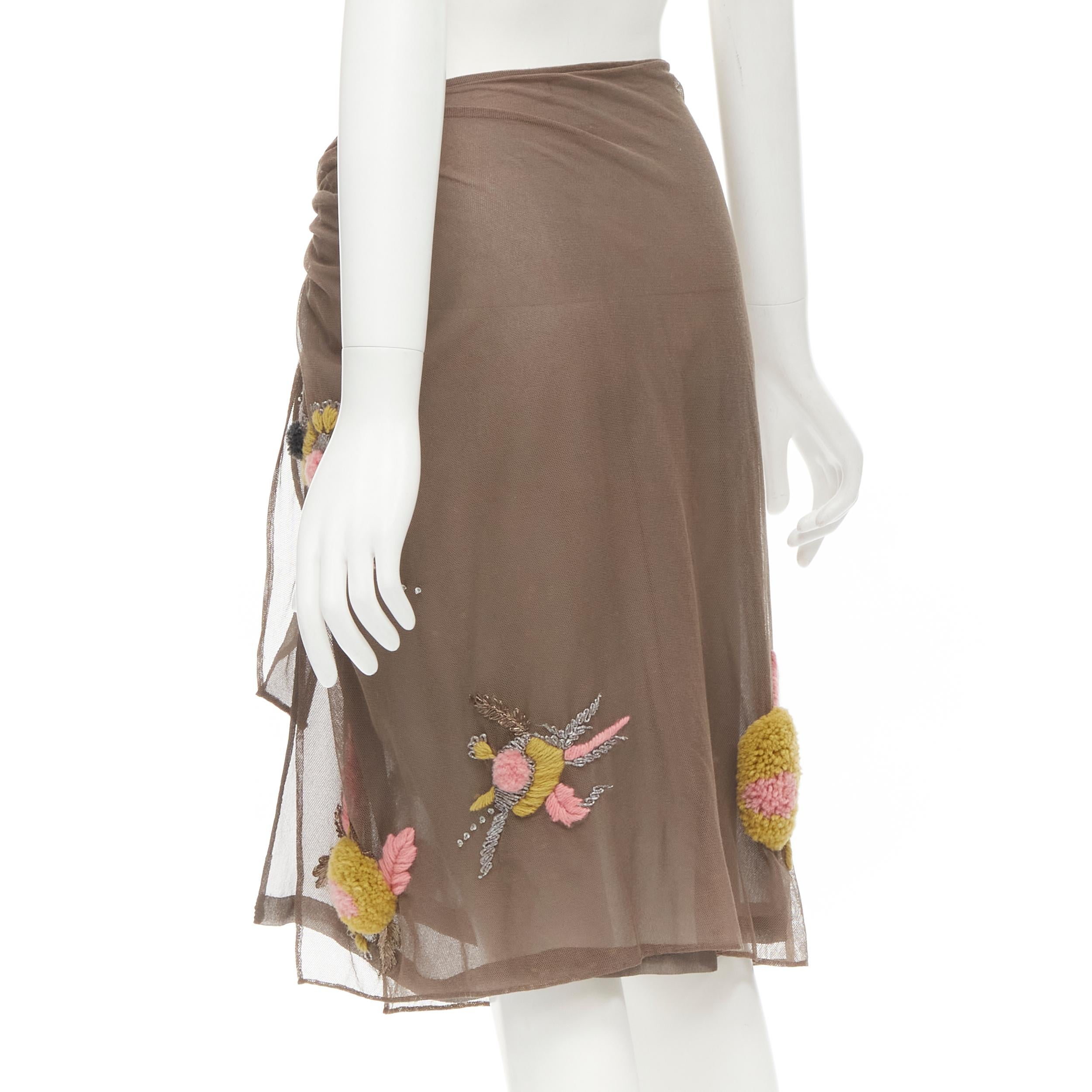 Brown DRIES VAN NOTEN Vintage brown mesh floral embodiery self tie wrap skirt FR40 M