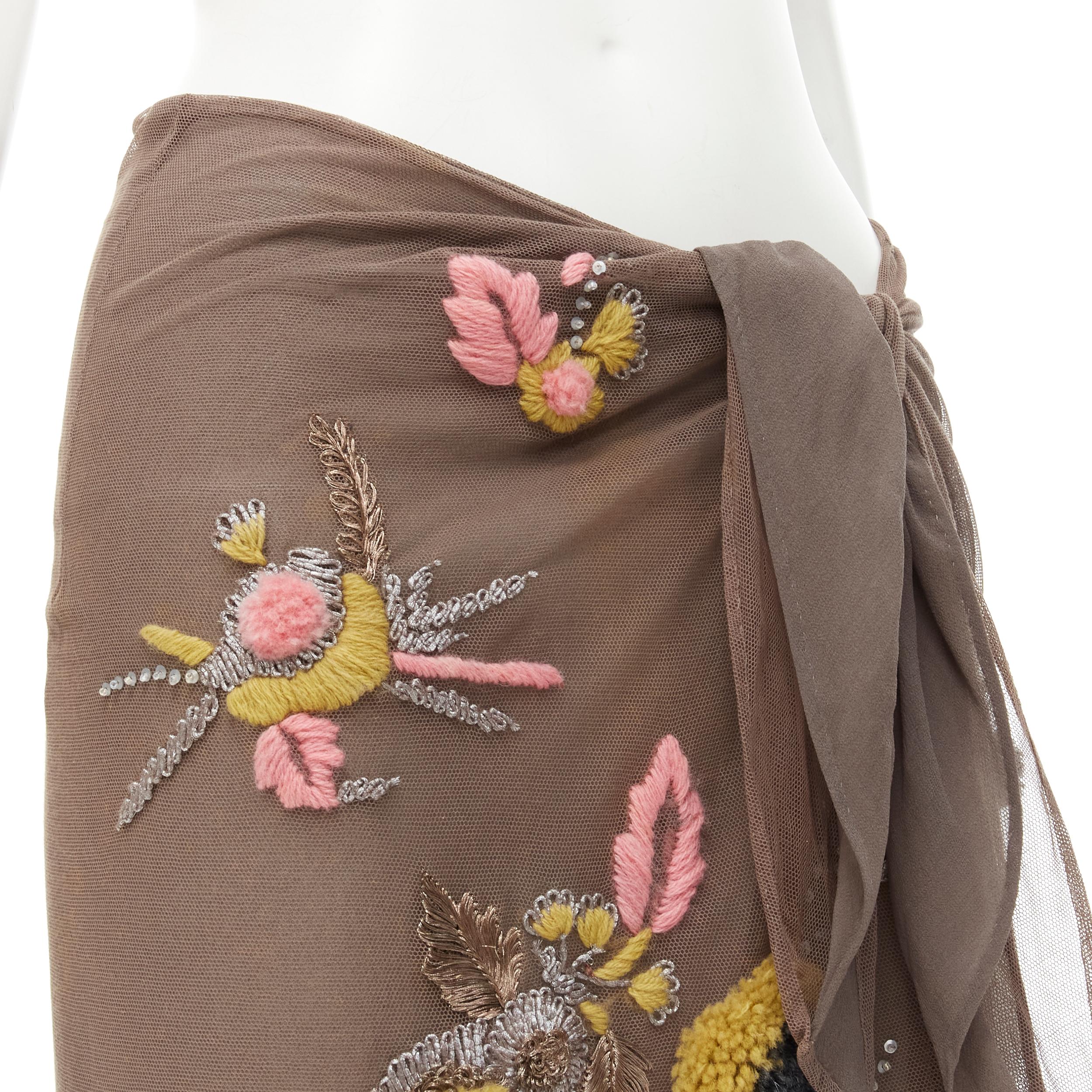 DRIES VAN NOTEN Vintage brown mesh floral embodiery self tie wrap skirt FR40 M In Good Condition In Hong Kong, NT