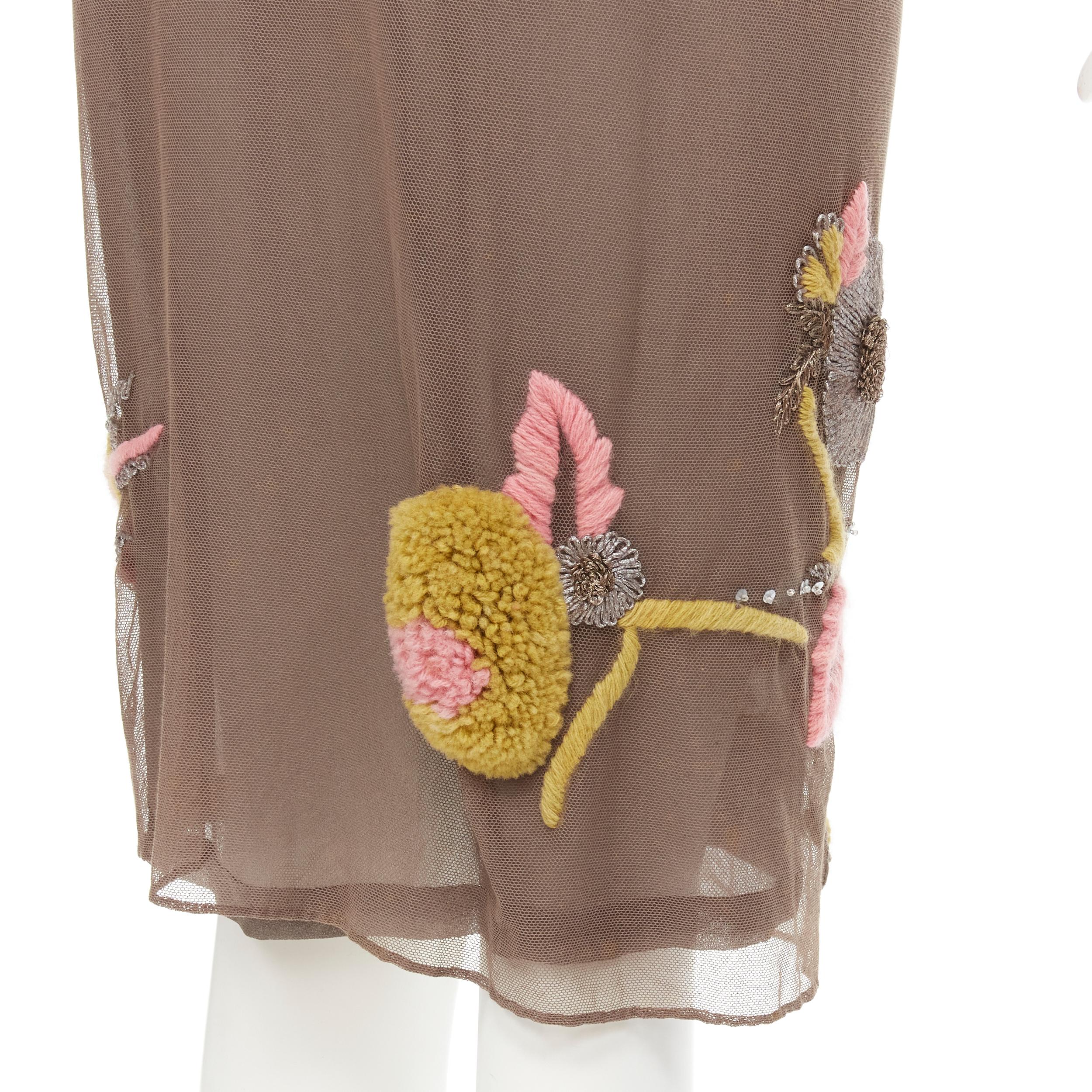 Women's DRIES VAN NOTEN Vintage brown mesh floral embodiery self tie wrap skirt FR40 M