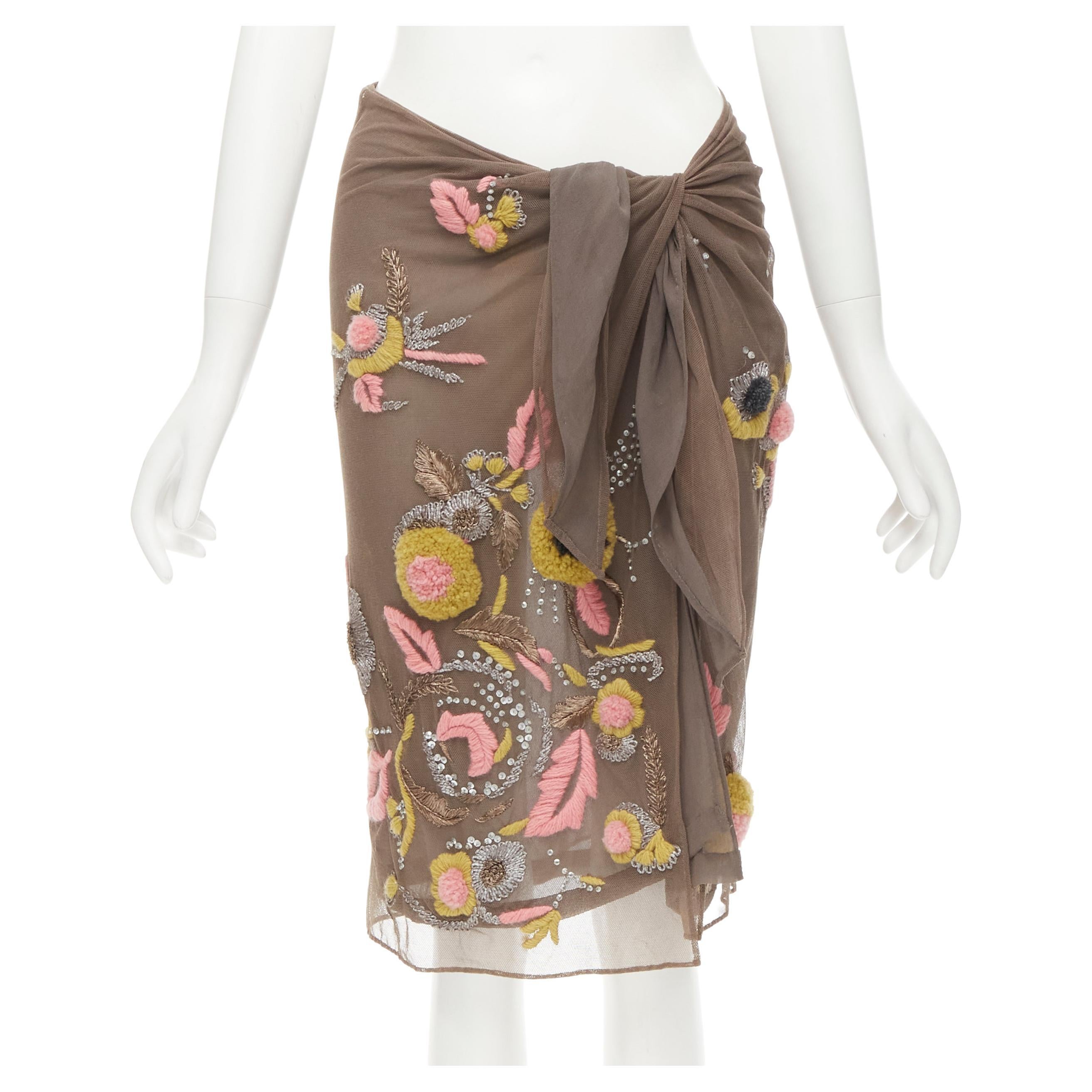 DRIES VAN NOTEN Vintage brown mesh floral embodiery self tie wrap skirt FR40 M
