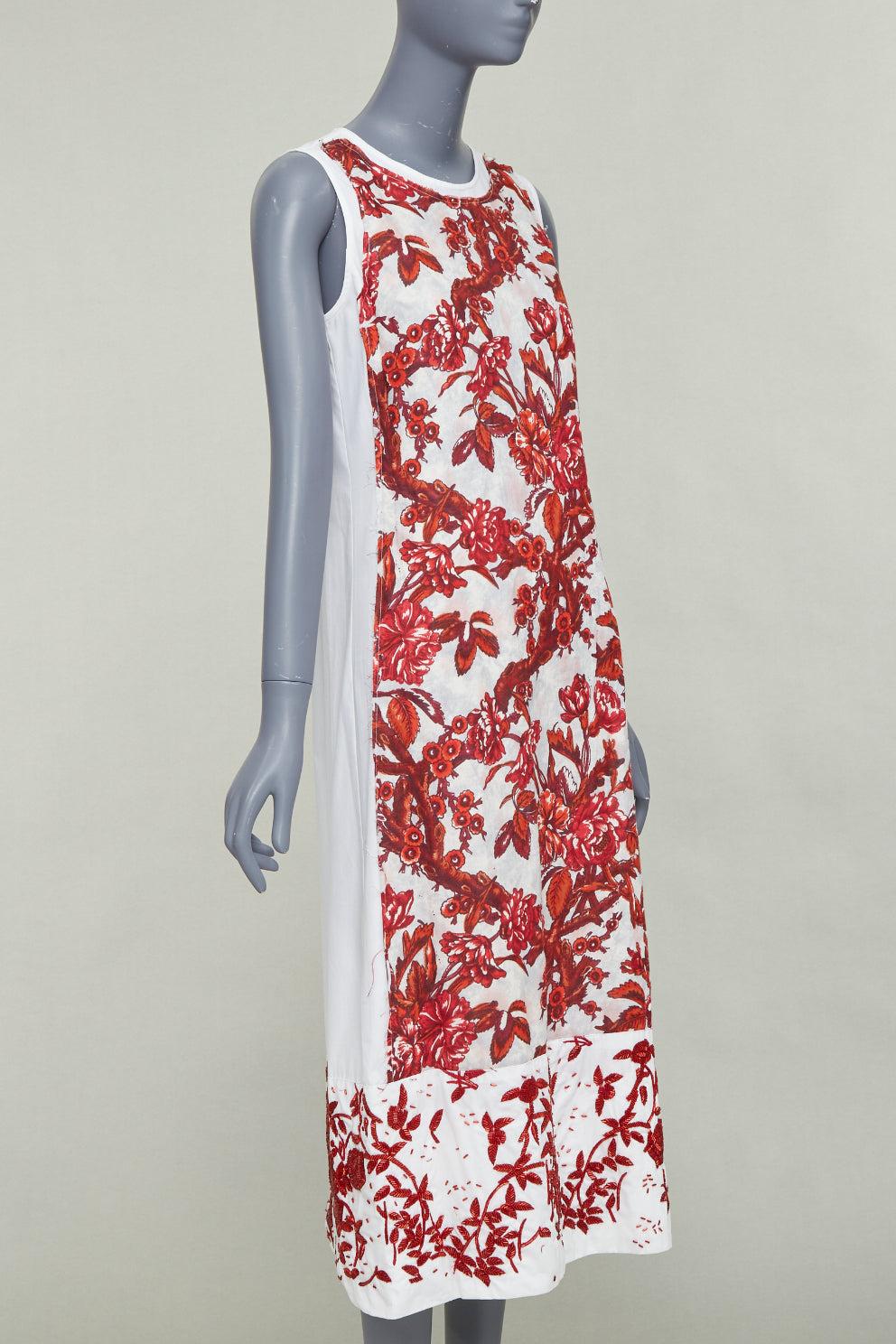 Gray DRIES VAN NOTEN Vintage linen red floral beaded print midi tent dress FR38 M For Sale