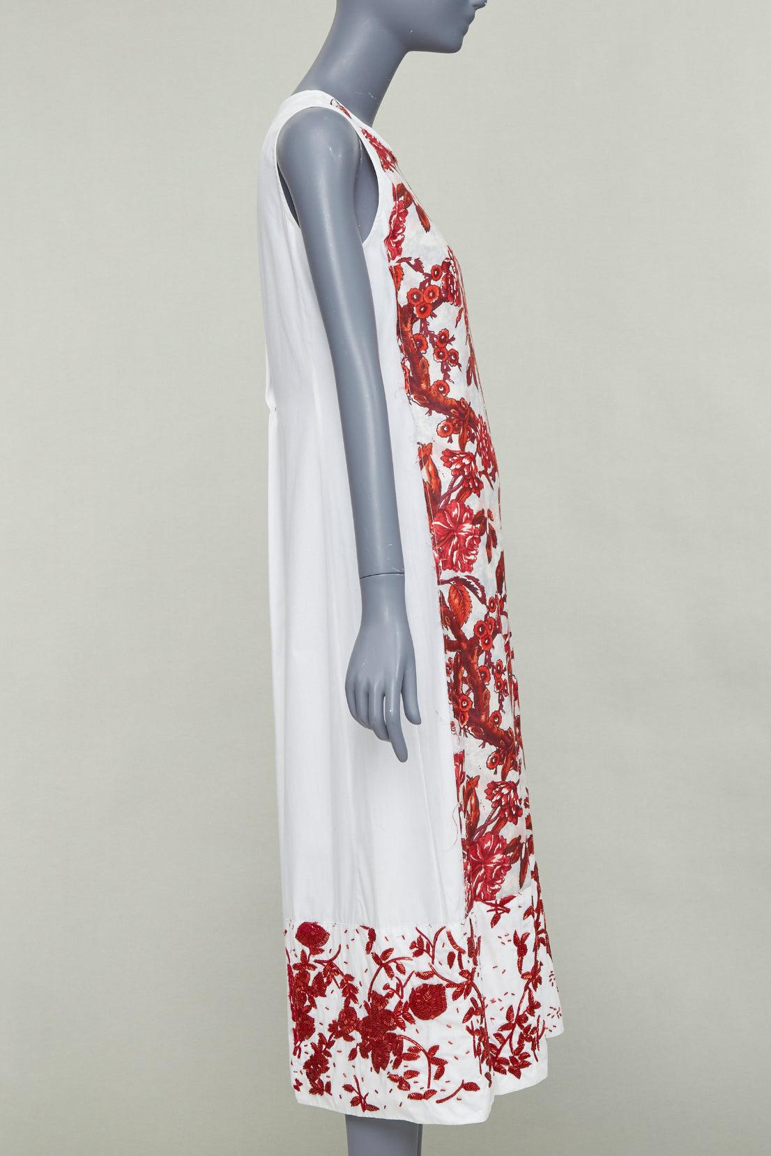 DRIES VAN NOTEN Vintage linen red floral beaded print midi tent dress FR38 M In Good Condition For Sale In Hong Kong, NT