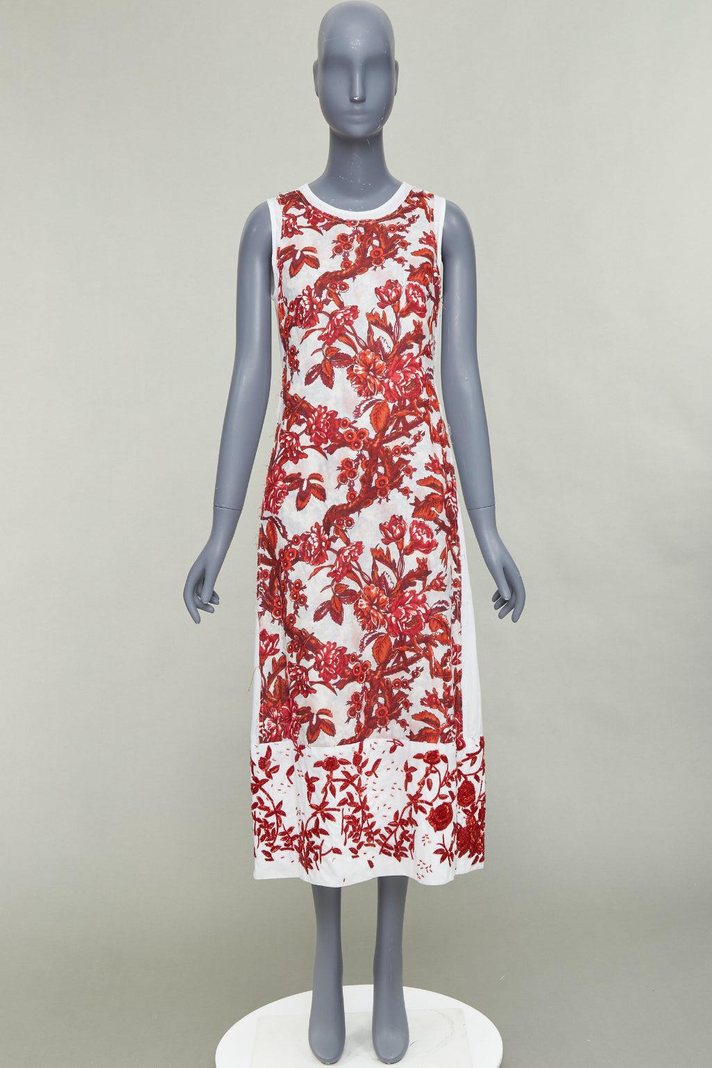 DRIES VAN NOTEN Vintage linen red floral beaded print midi tent dress FR38 M For Sale 4