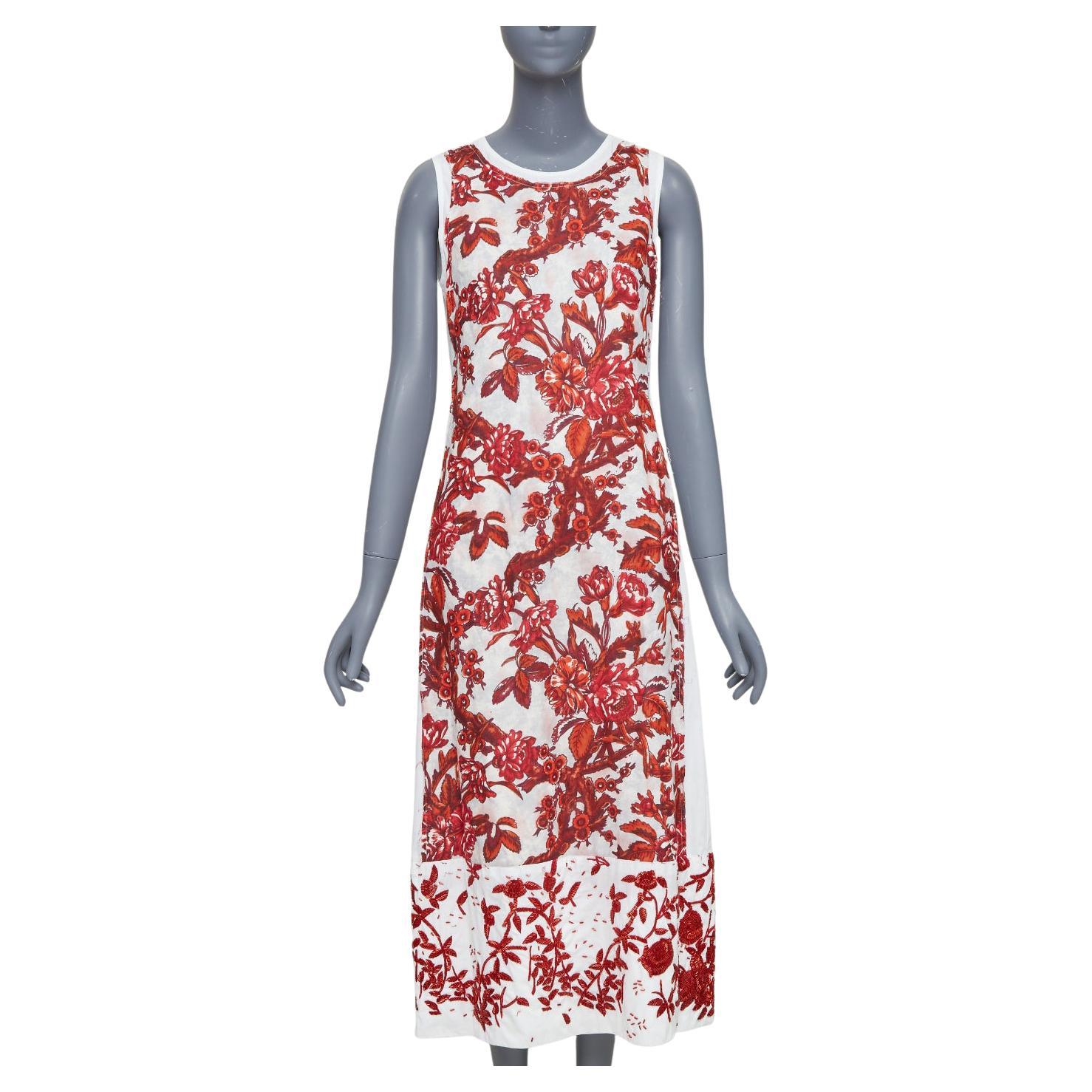 DRIES VAN NOTEN Vintage linen red floral beaded print midi tent dress FR38 M For Sale